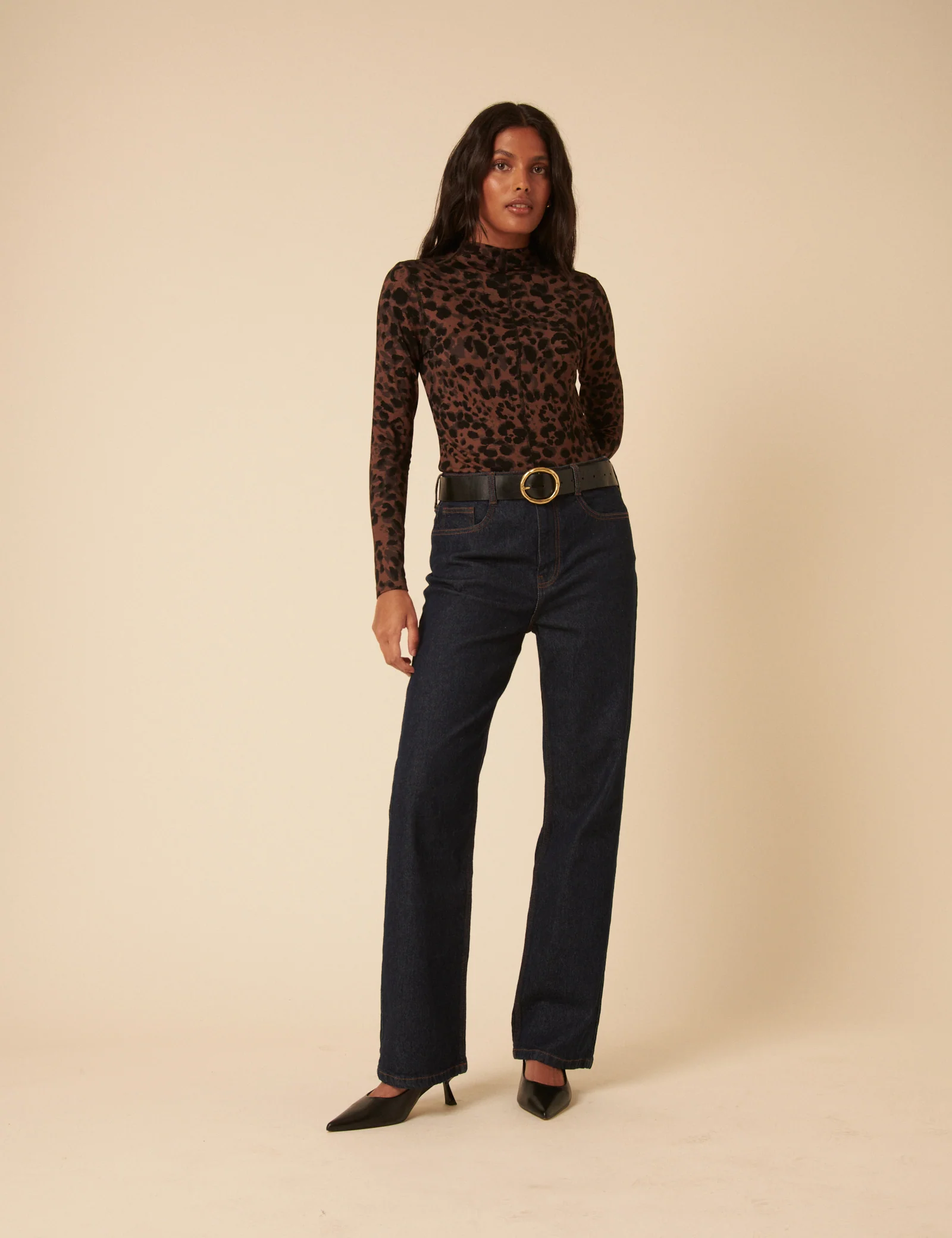 Leopard Print High Neck Long Sleeve Jersey Top - Image 3