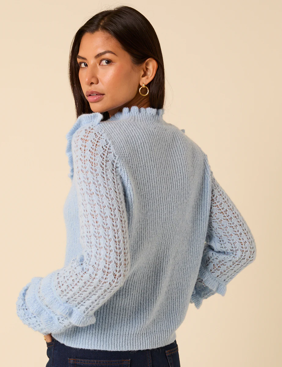 Light Blue Ruffle Pointelle Knitted Jumper - Image 3