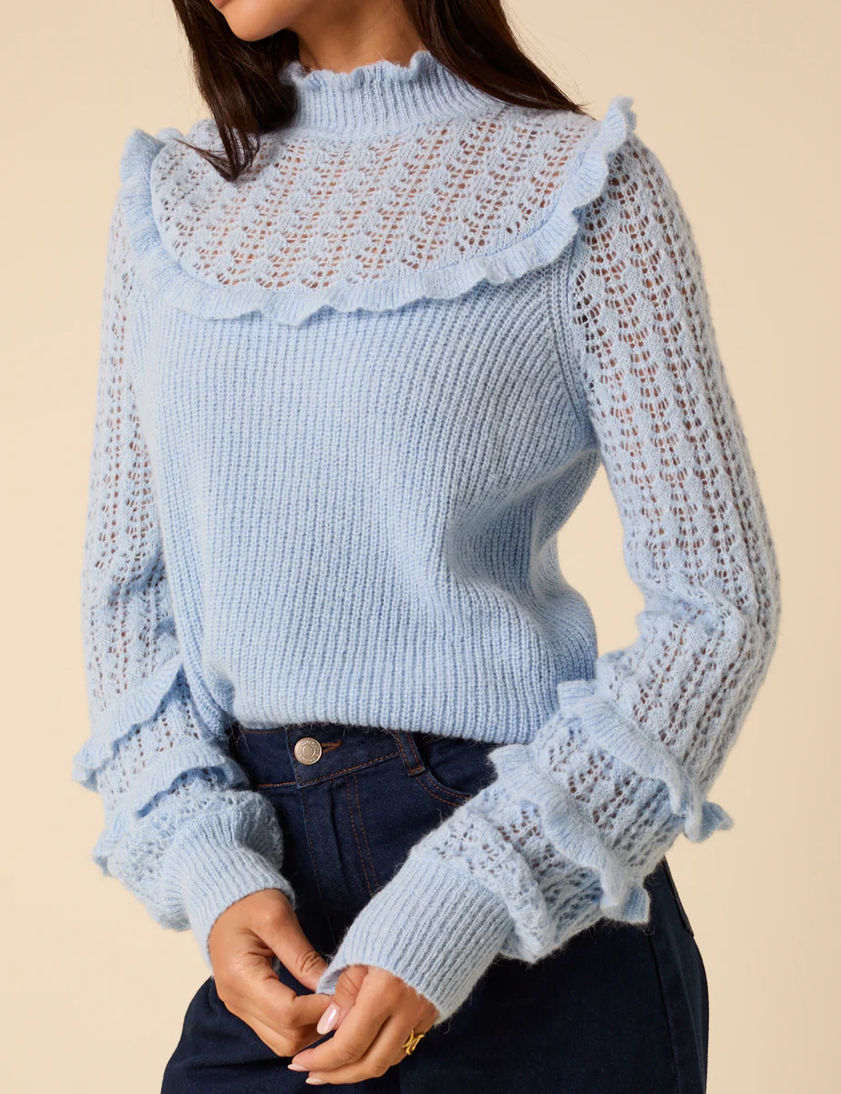 Light Blue Ruffle Pointelle Knitted Jumper - Image 5