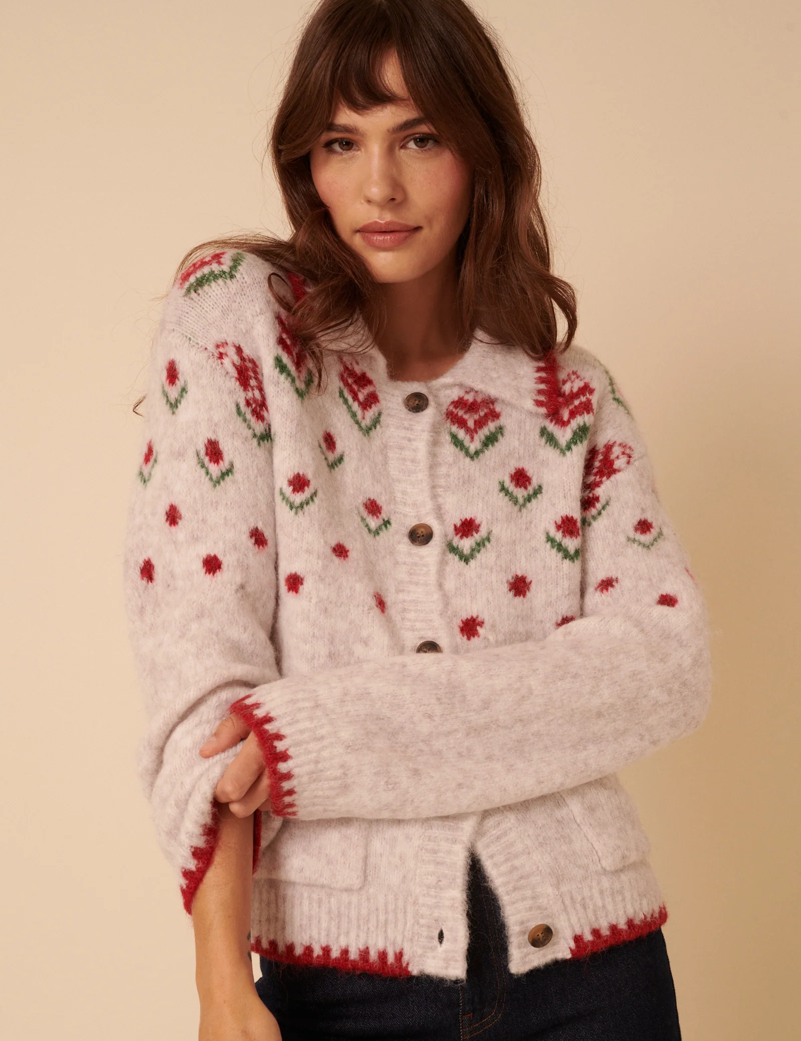 Light Grey Floral Collared Cardigan - Image 4