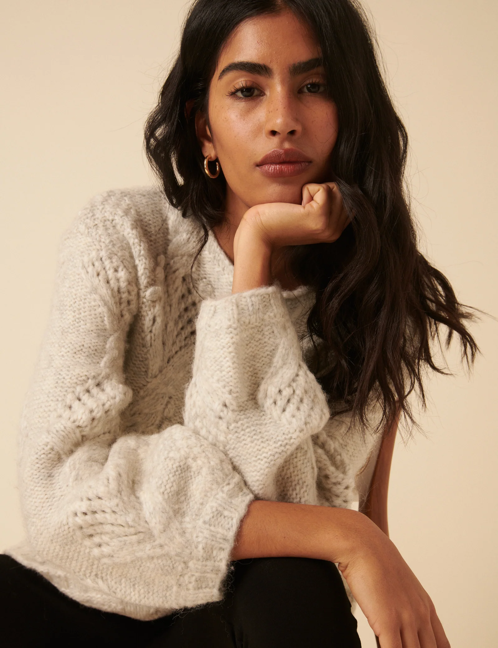 Light Grey Slash Neck Bobble Stitch Oversized Jumper - Image 3