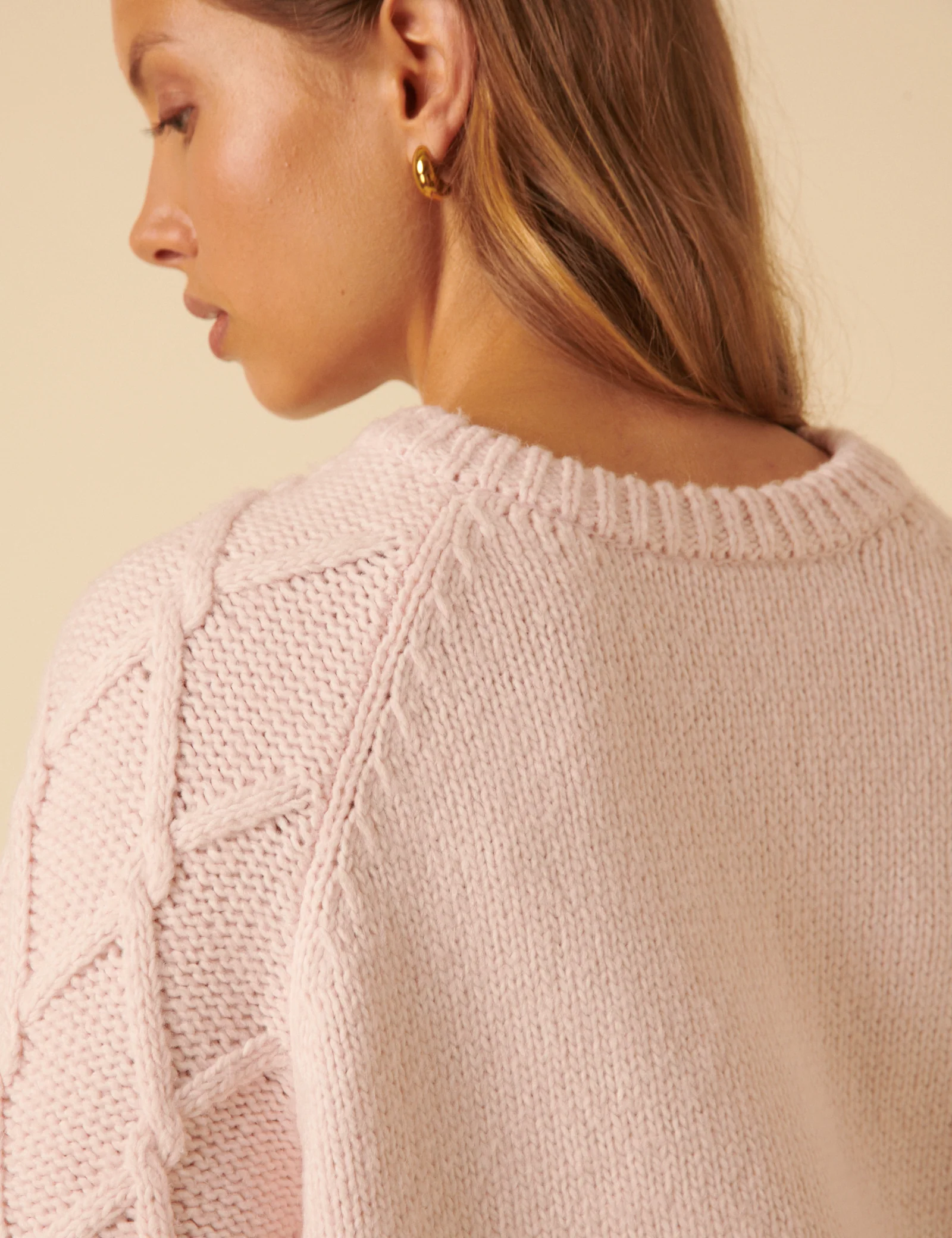 Light Pink Cable Knit Crew Neck Jumper - Image 4