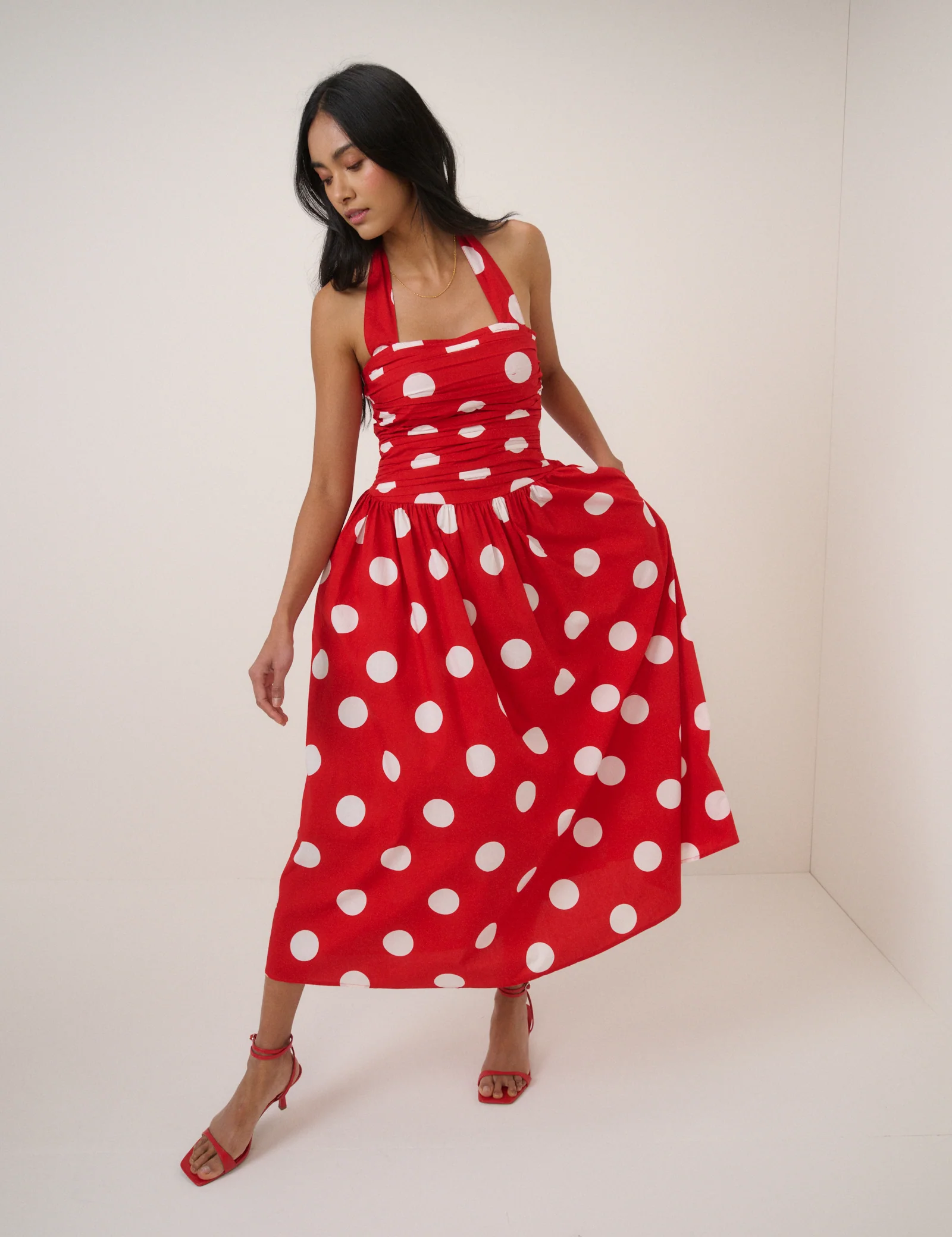 Red Polka Dot Halterneck Lilah Midi Dress - Image 3