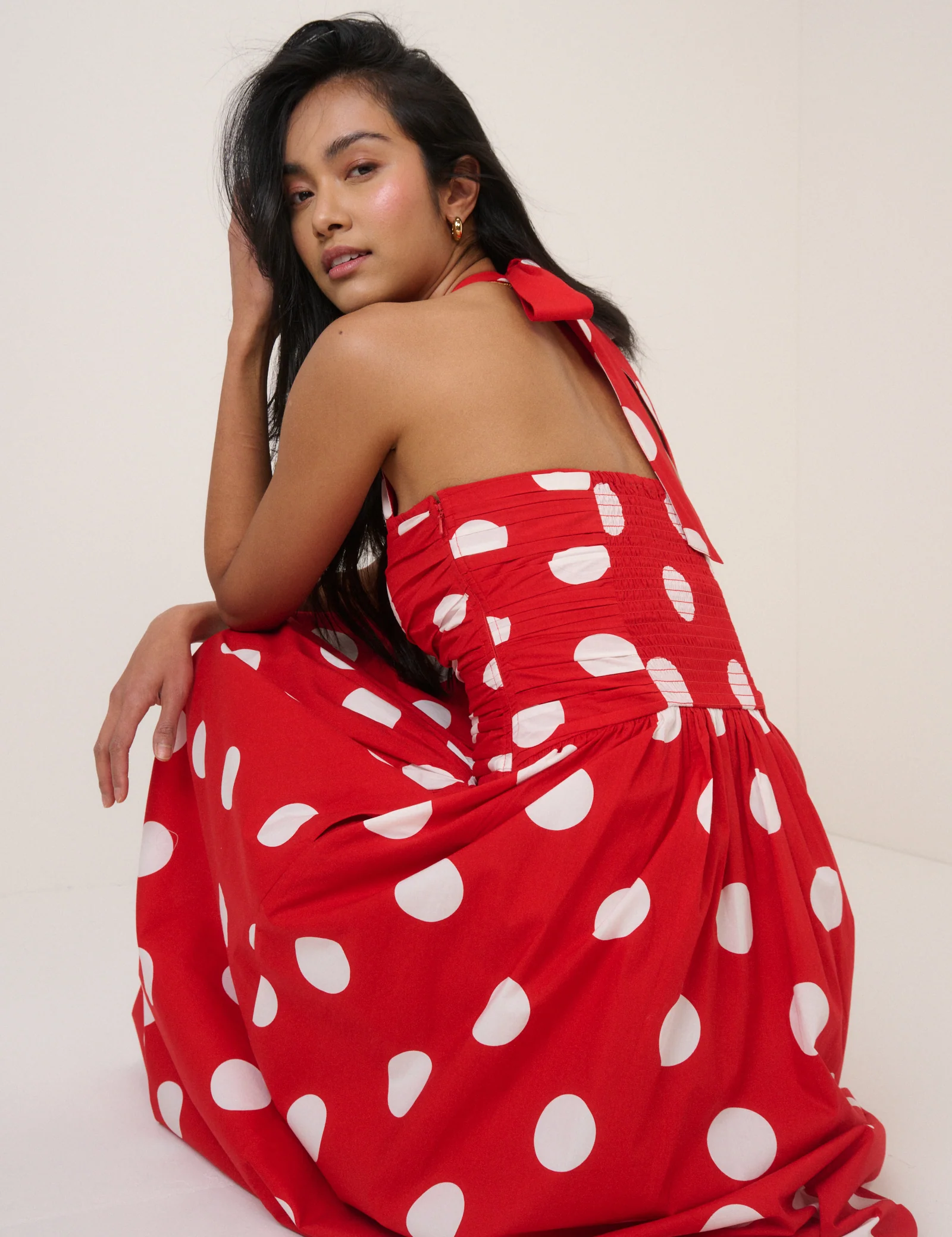 Red Polka Dot Halterneck Lilah Midi Dress - Image 4