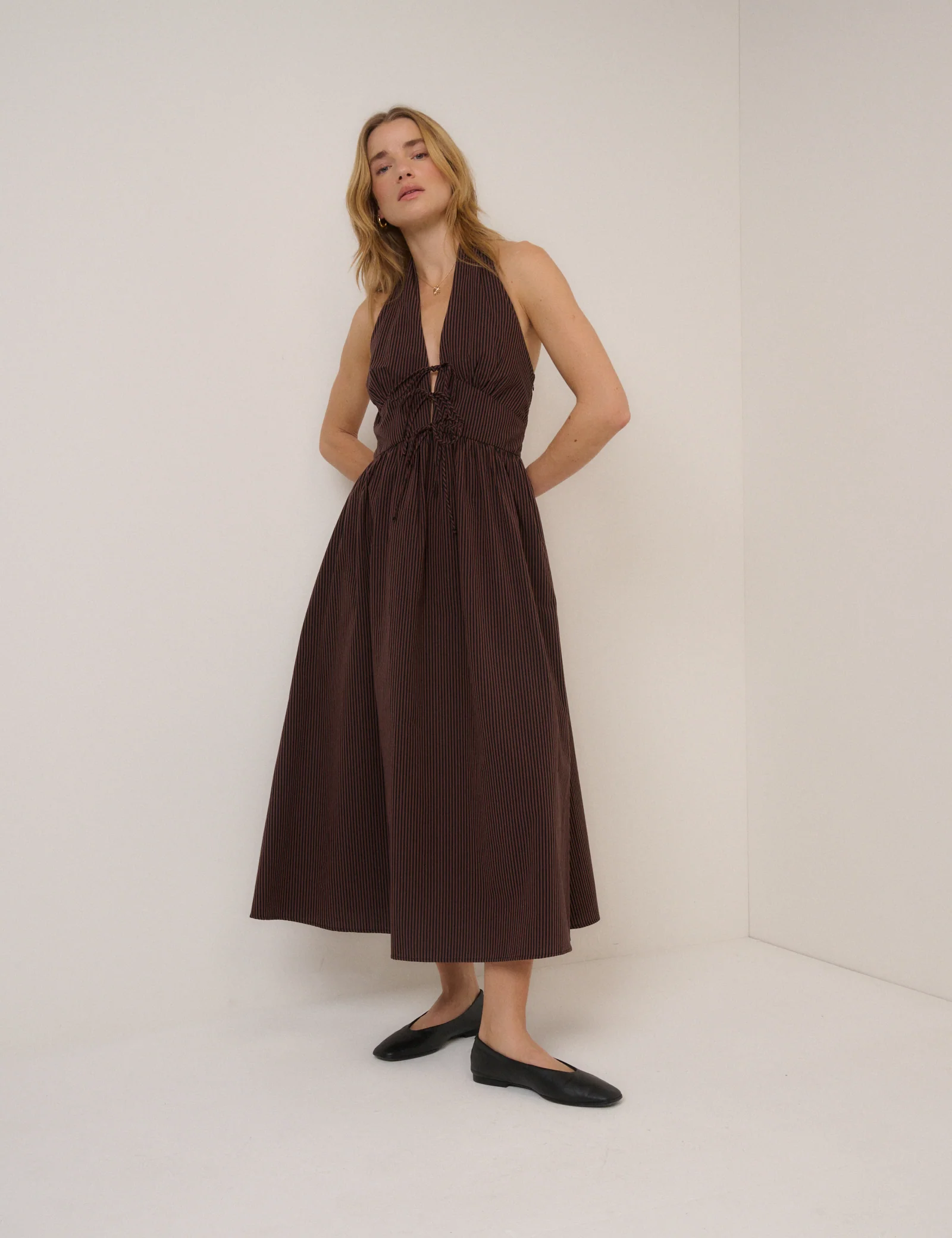 Brown Striped Halterneck Lilijana Midi Dress