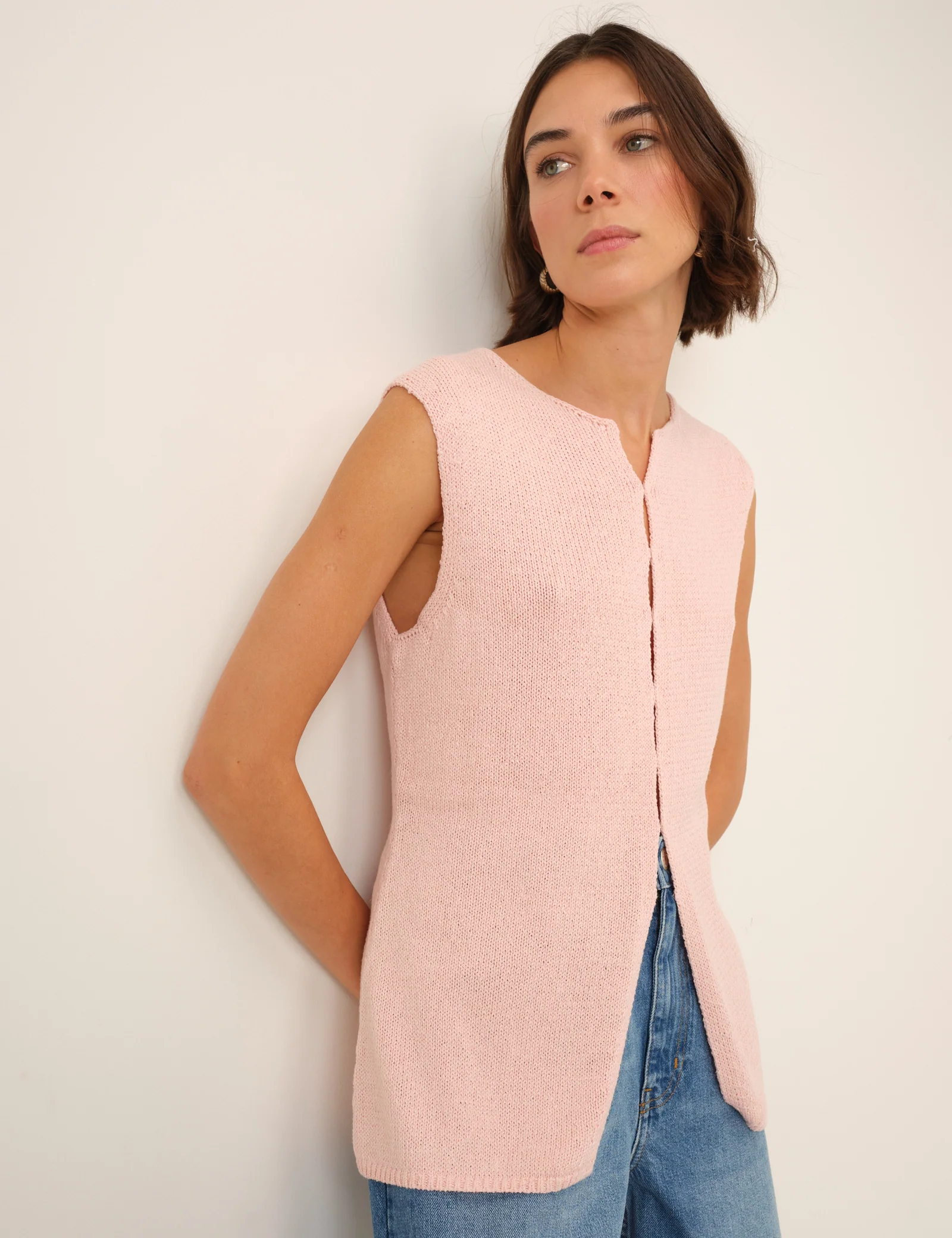 Pink Linen-Blend Sleeveless Knitted Top