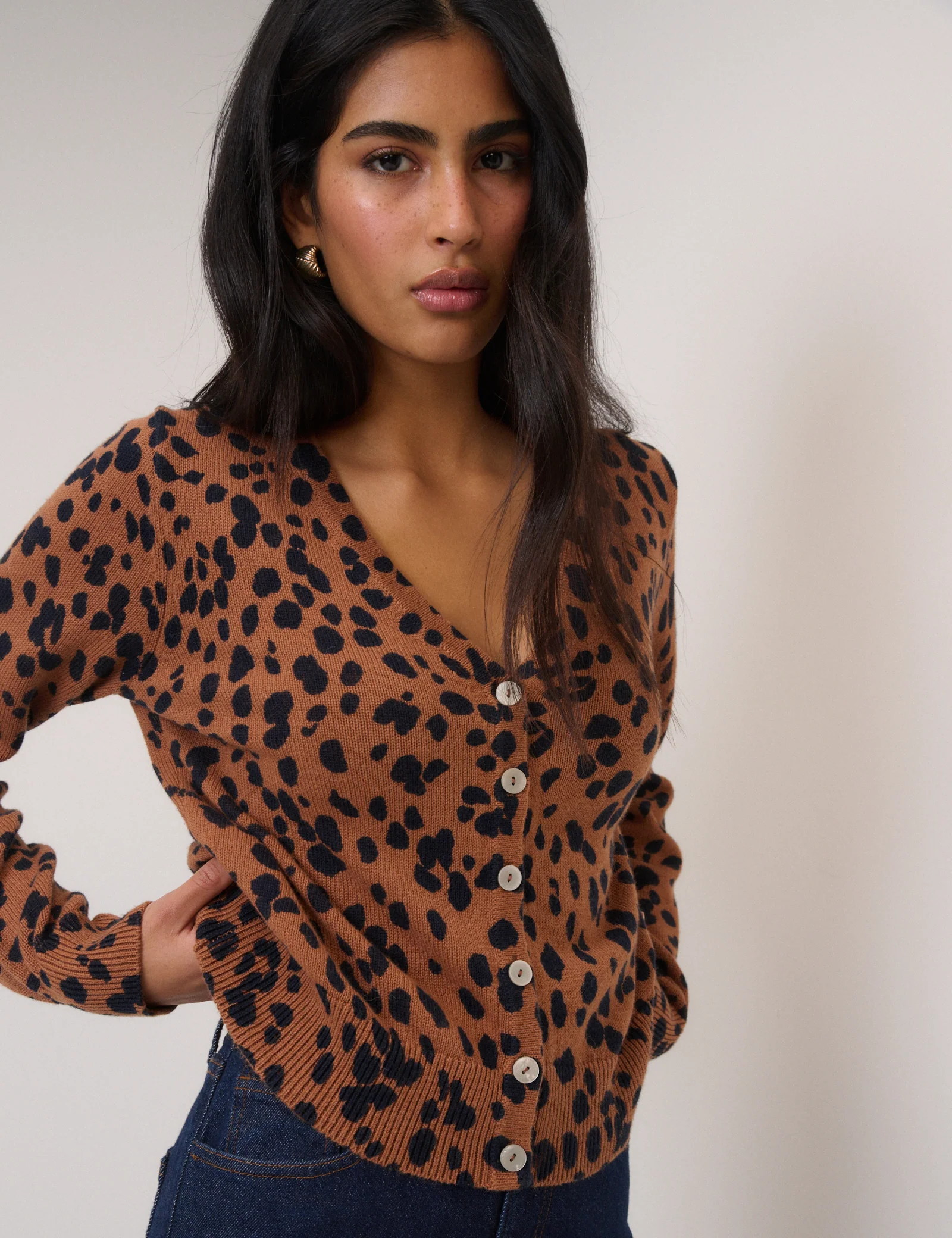 Brown Leopard Print Long Sleeve V-Neck Cardigan - Image 2