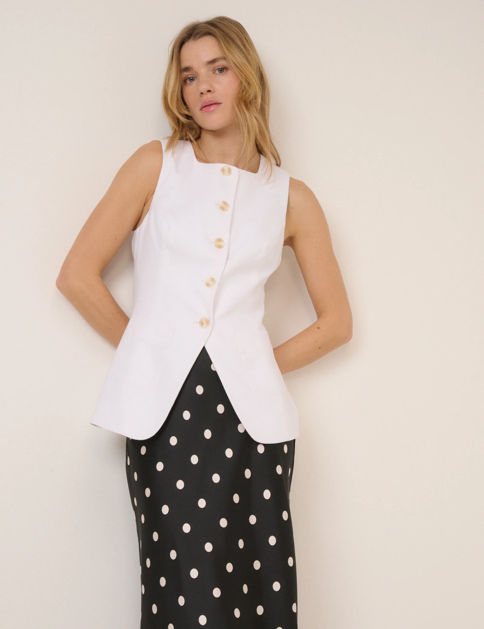 White Linen-Blend Tailored Longline Waistcoat