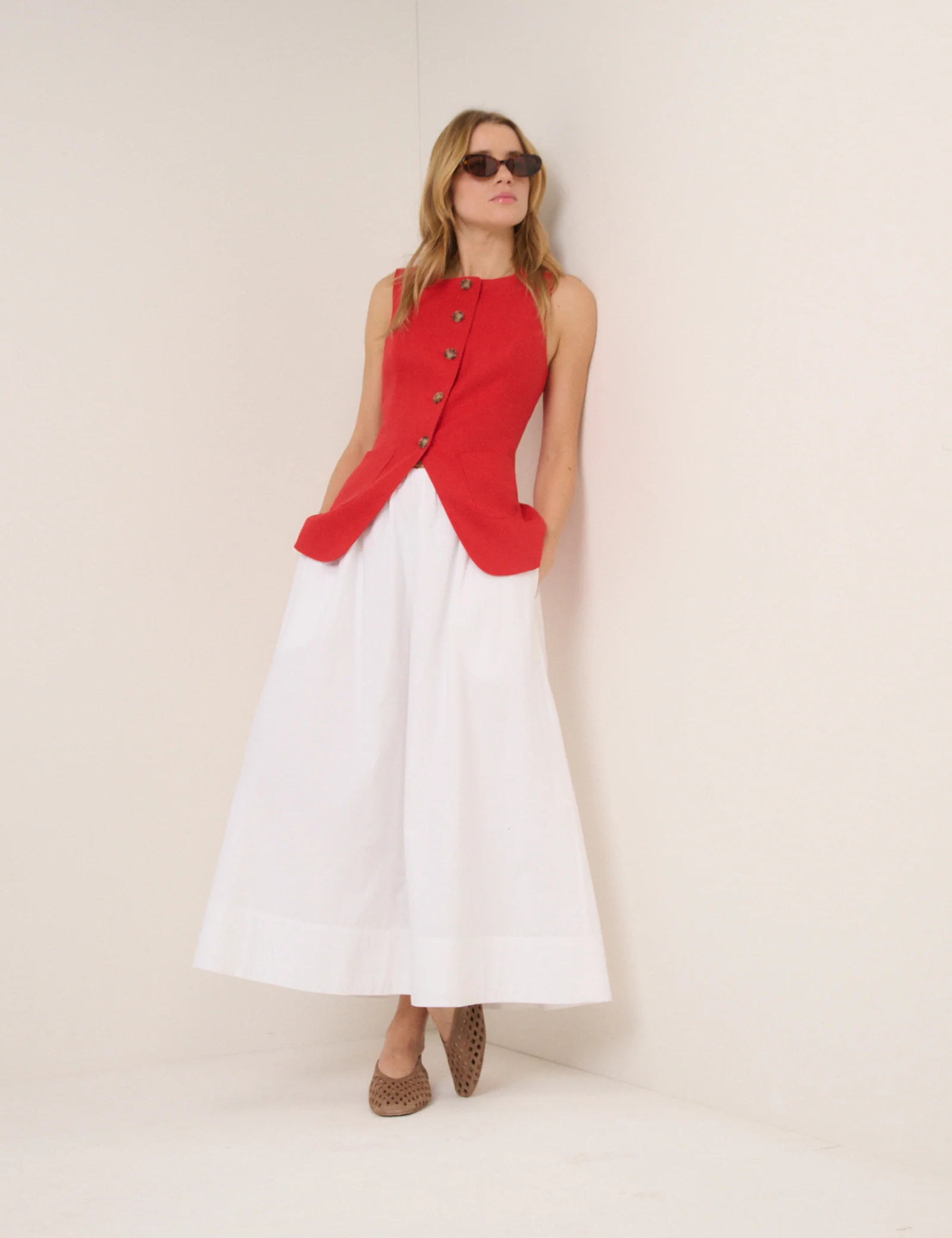 Red Linen-Blend Tailored Longline Waistcoat