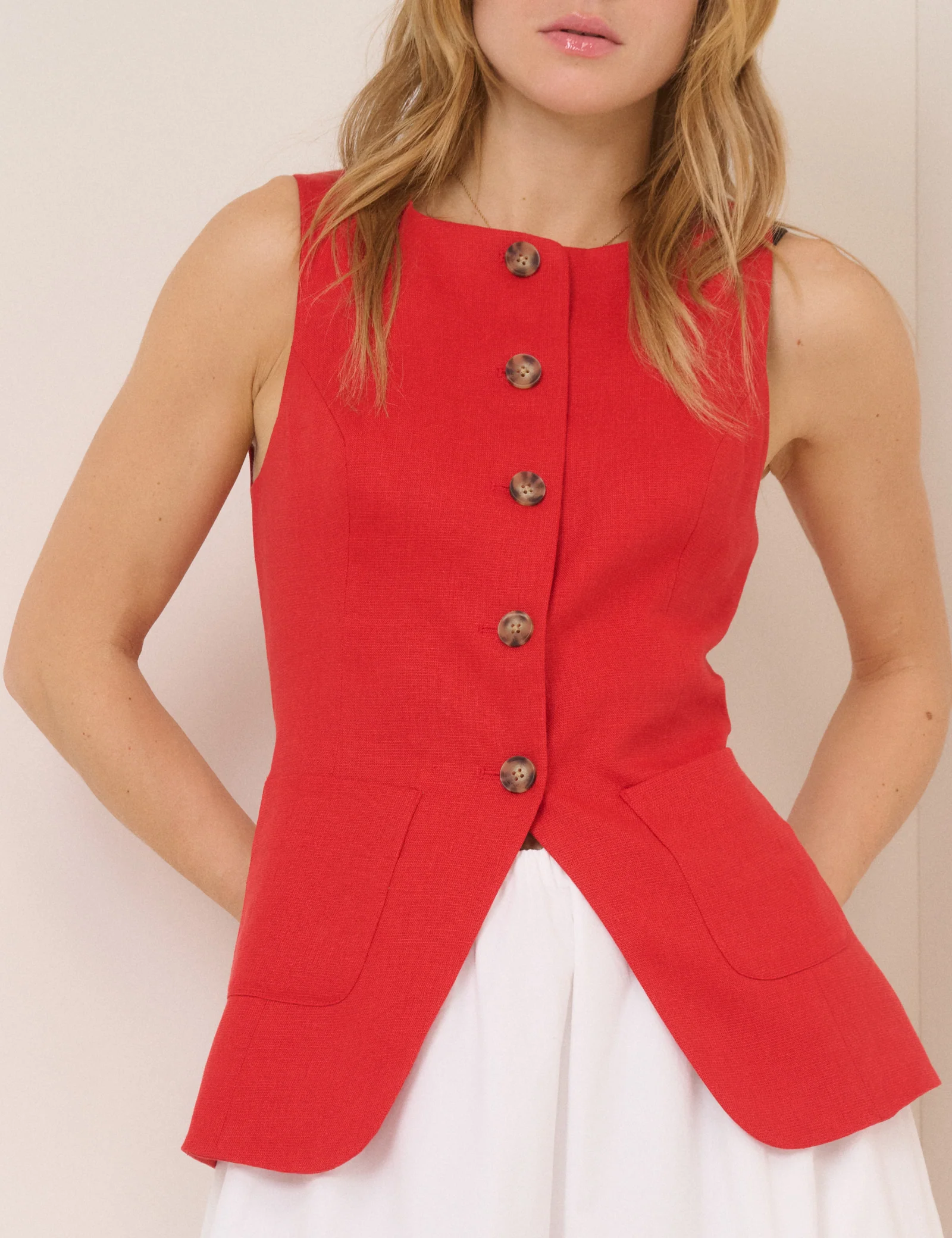 Red Linen-Blend Tailored Longline Waistcoat - Image 2