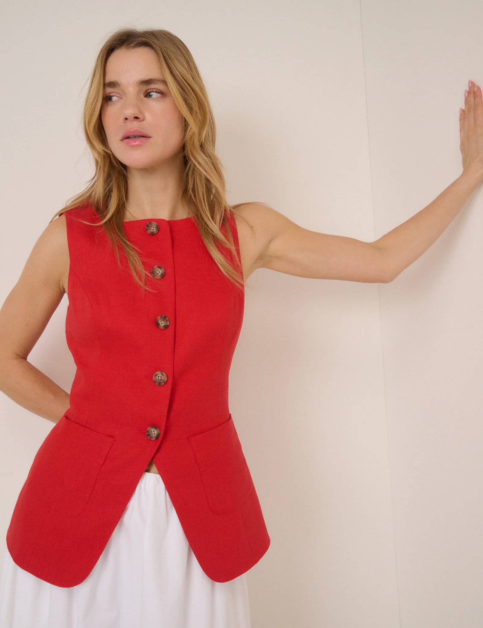 Red Linen-Blend Tailored Longline Waistcoat - Image 3