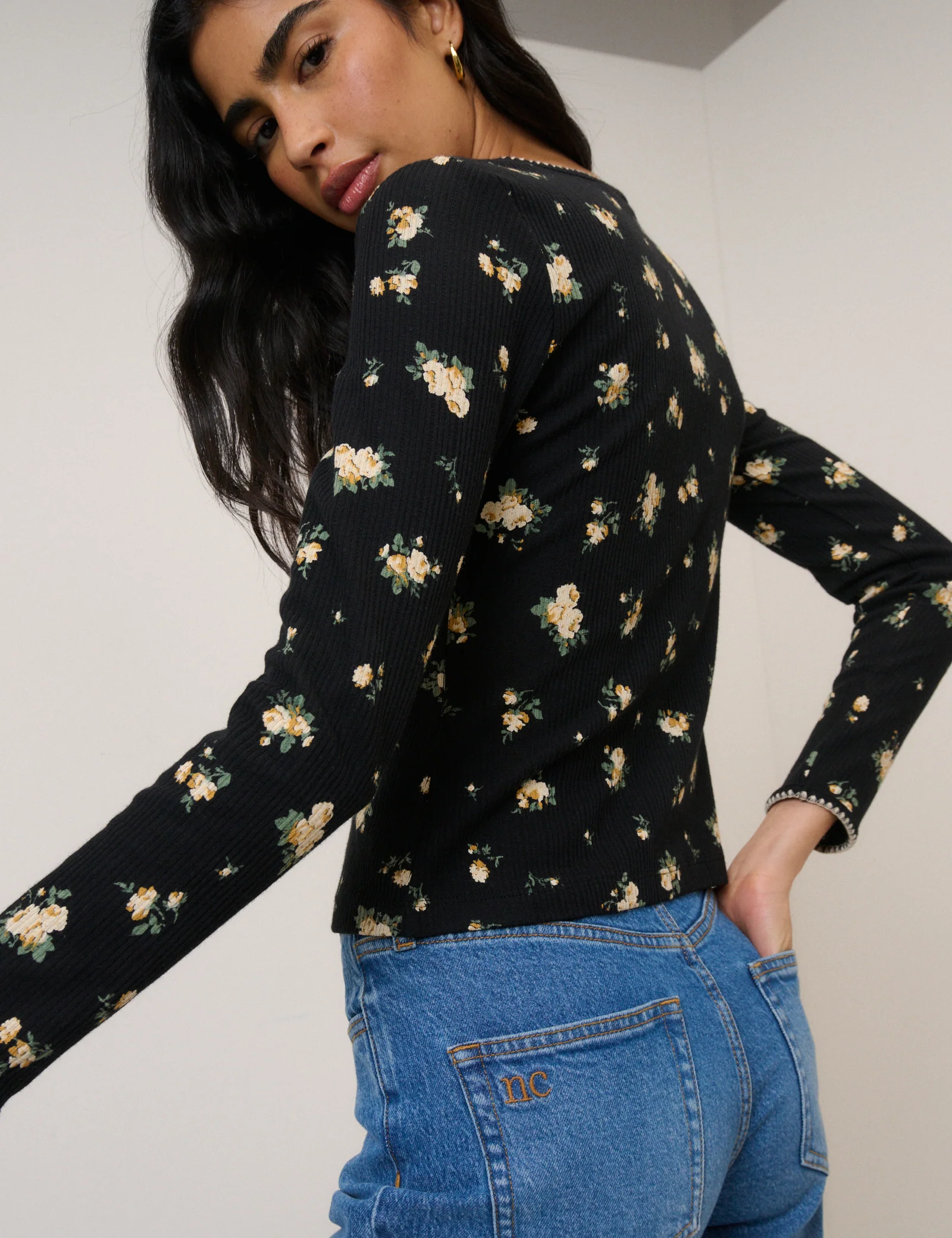 Black Floral Whipstitch Pointelle Cardigan - Image 5