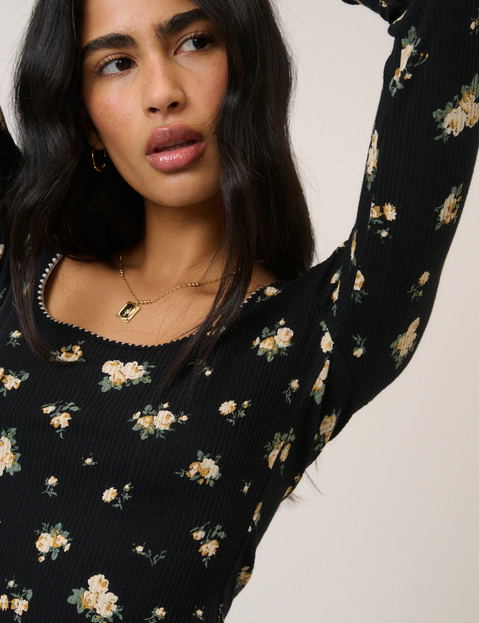 Black Floral Whipstitch Pointelle Scoop Neck Top - Image 3