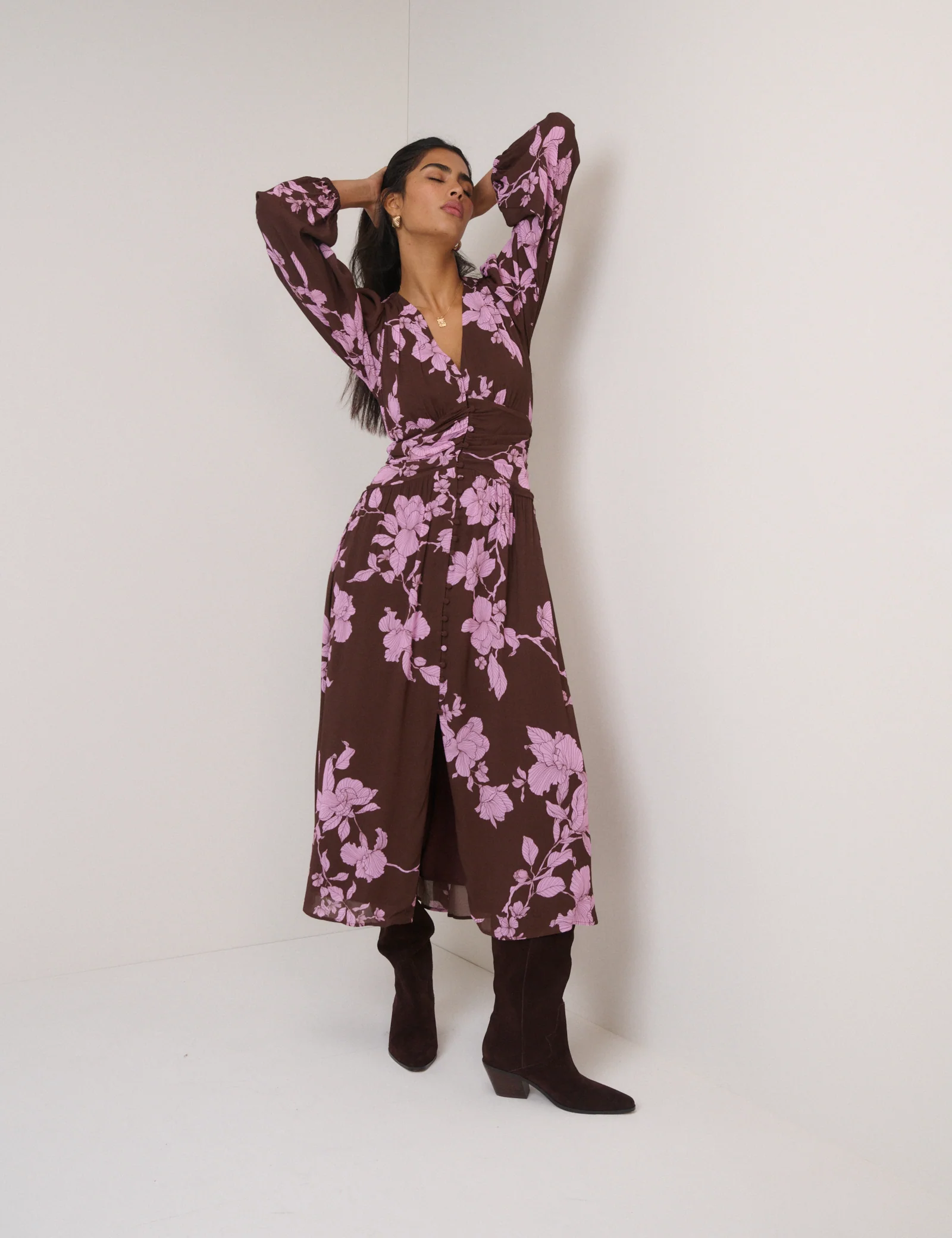 Brown And Pink Floral Luna Midi Dress - Image 3