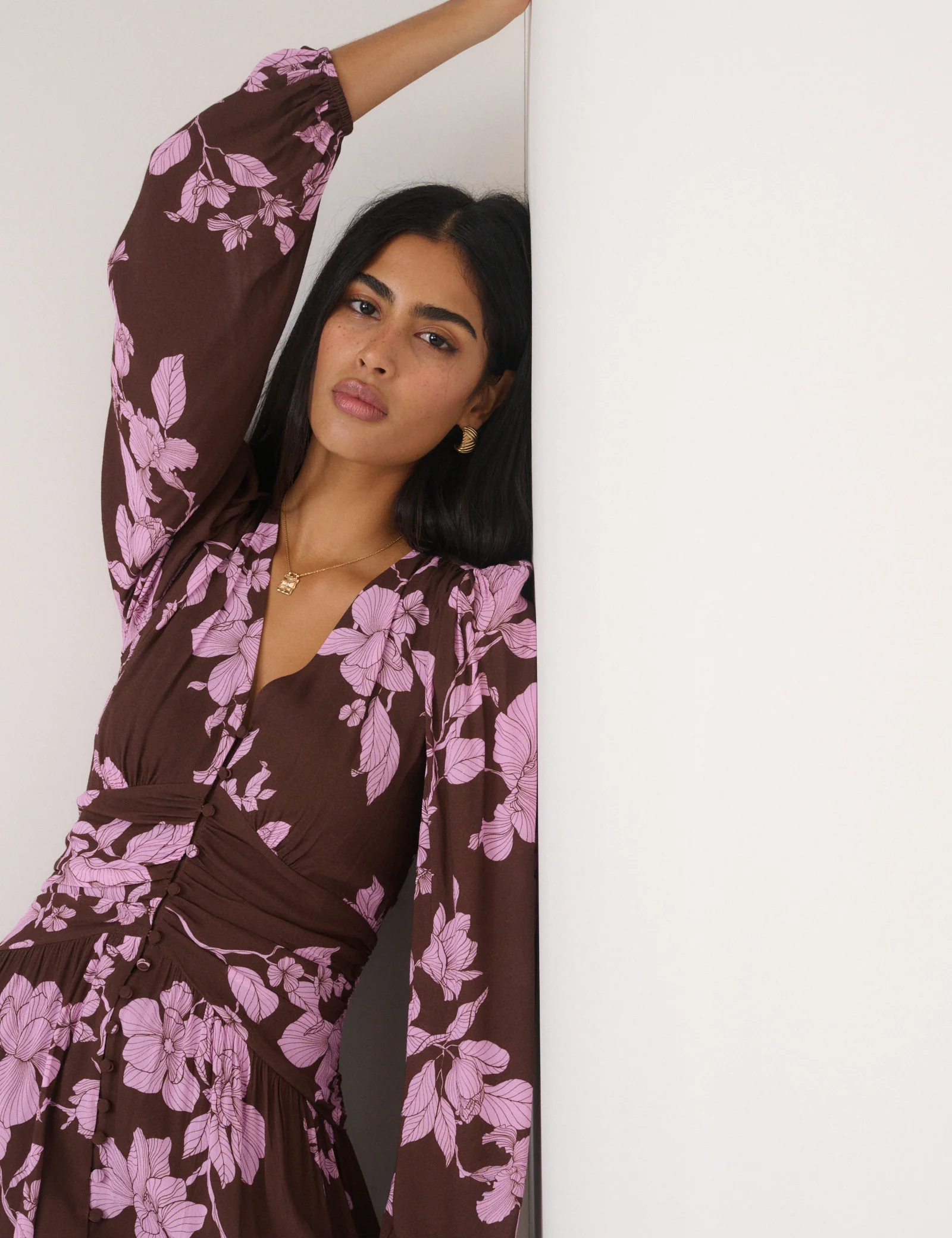 Brown And Pink Floral Luna Midi Dress - Image 4