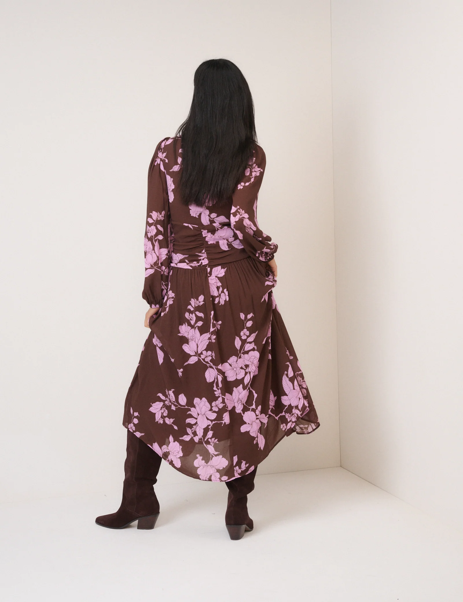 Brown And Pink Floral Luna Midi Dress - Image 5