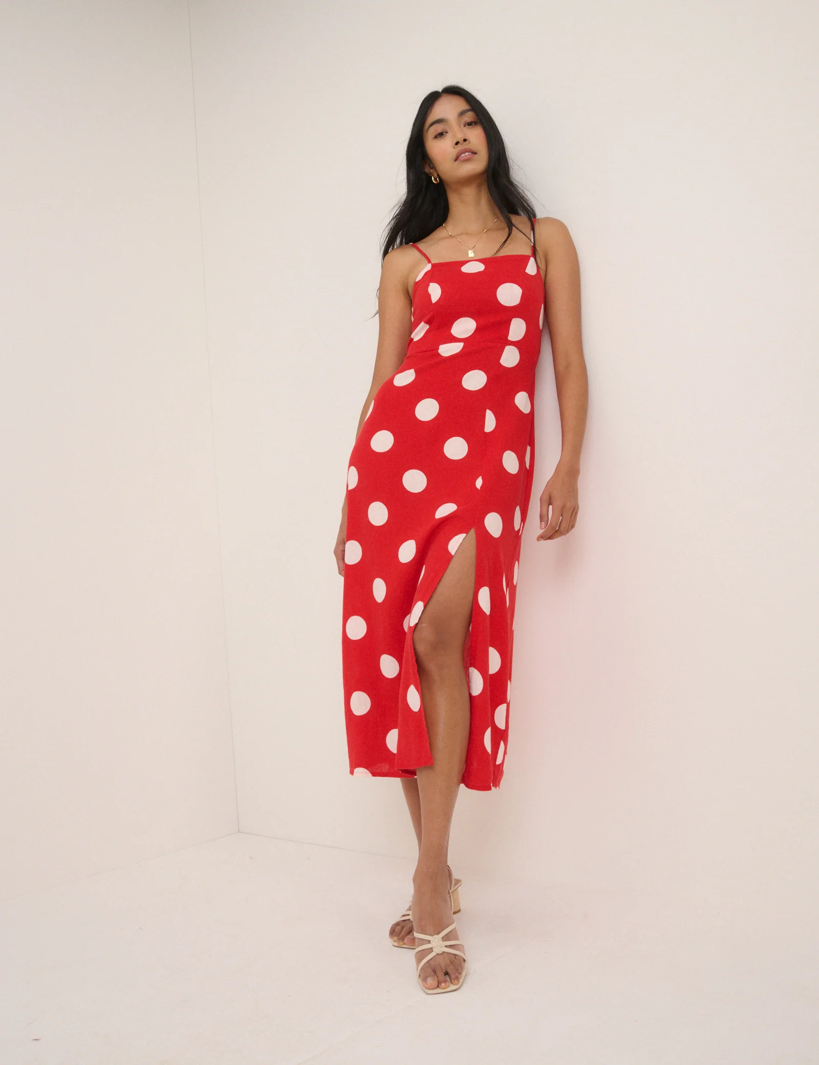 Red Polka Dot Linen-Blend Maddy Midi Dress - Image 3