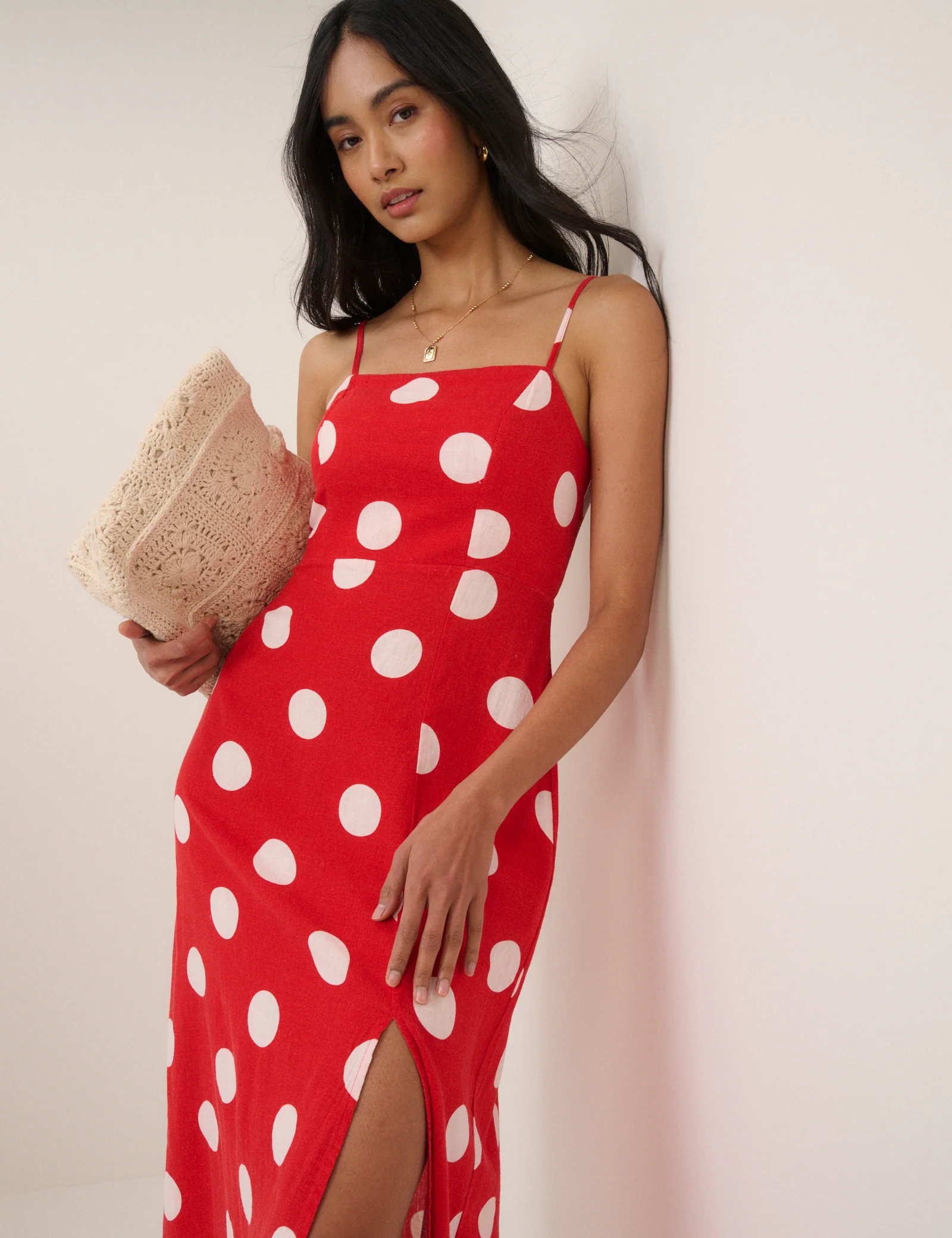 Red Polka Dot Linen-Blend Maddy Midi Dress - Image 4