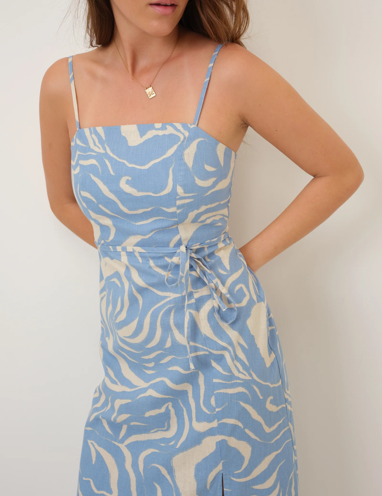 Blue Printed Linen-Blend Maddy Midi Dress - Image 2