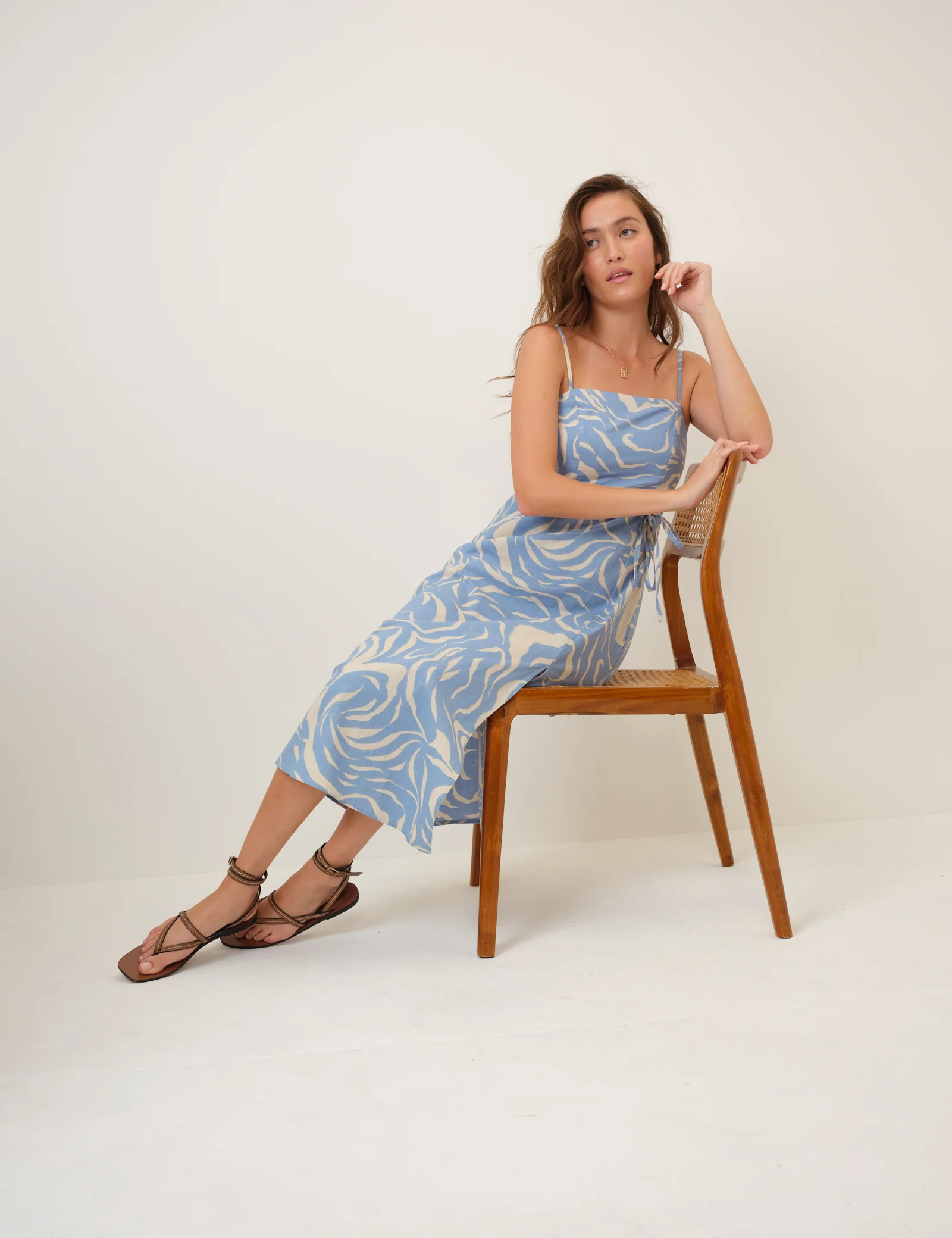 Blue Printed Linen-Blend Maddy Midi Dress - Image 3