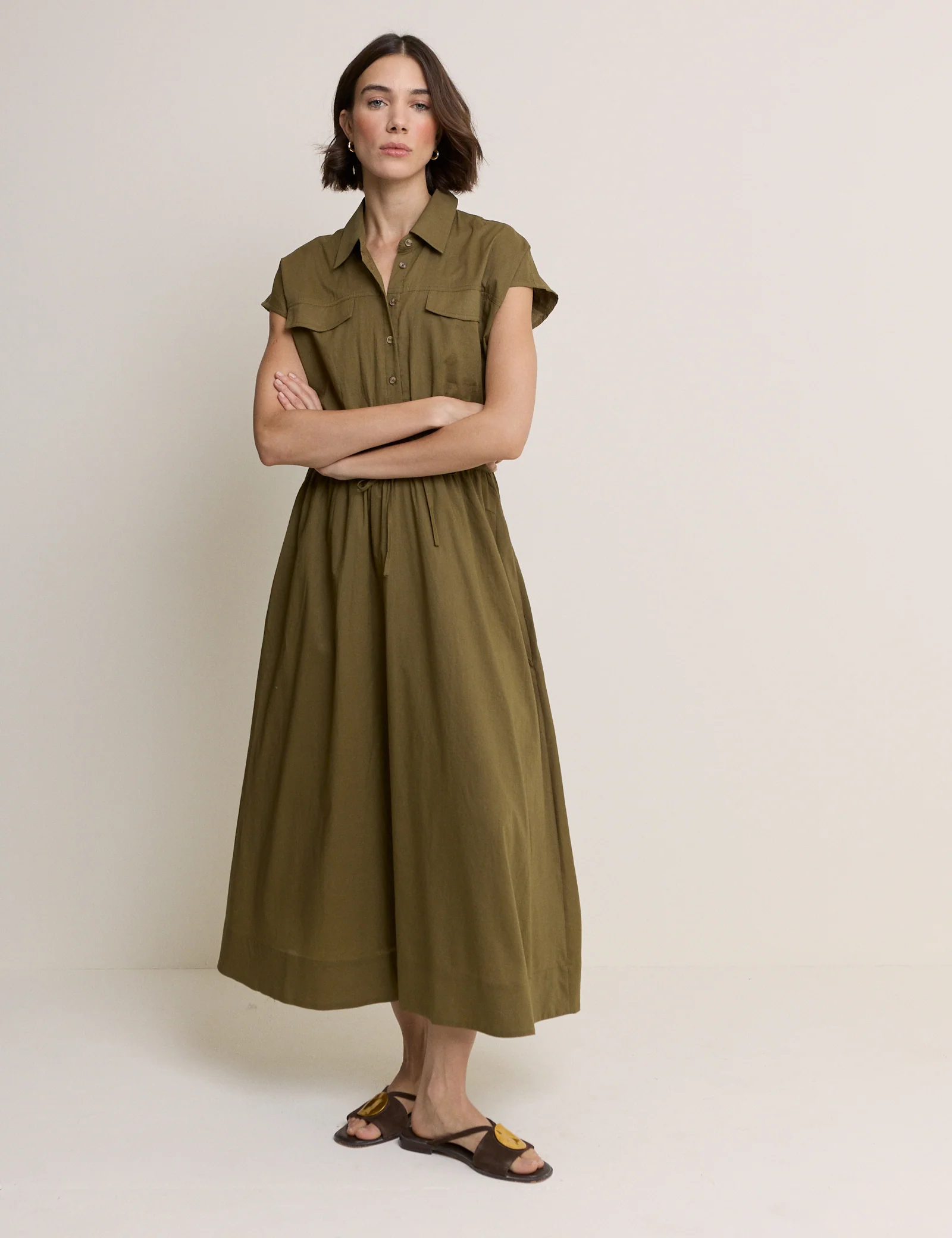 Khaki Mason Shirt Midi Dress - Image 2