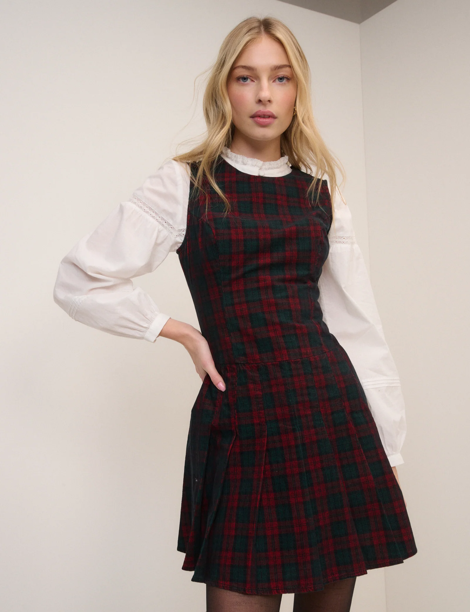 Red And Green Check Merida Mini Pinafore Dress - Image 4