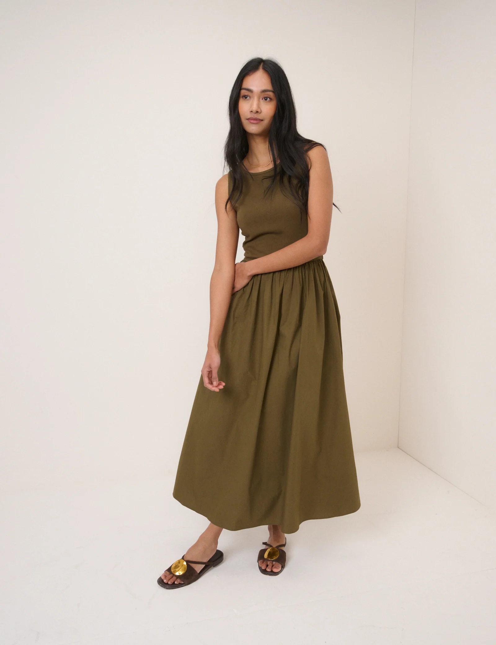 Brown Suede Metal Disc Detail Sandals - Image 3