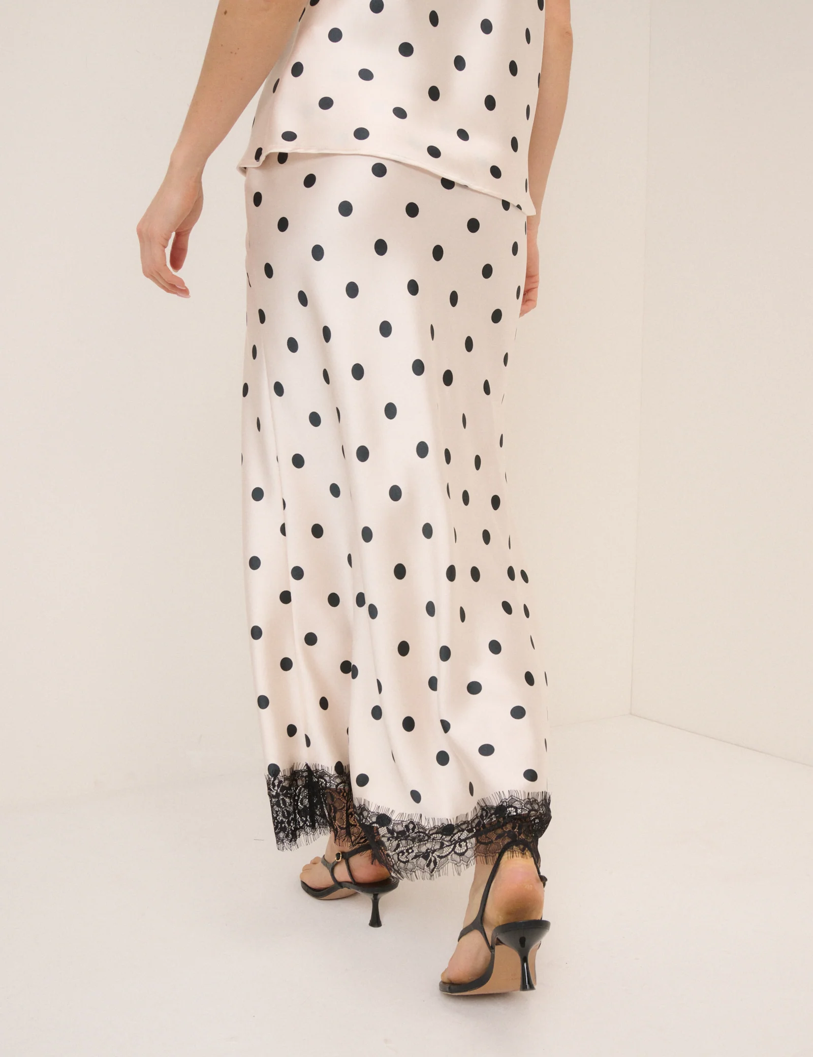 White Polka Dot Satin Mila Midi Skirt - Image 5