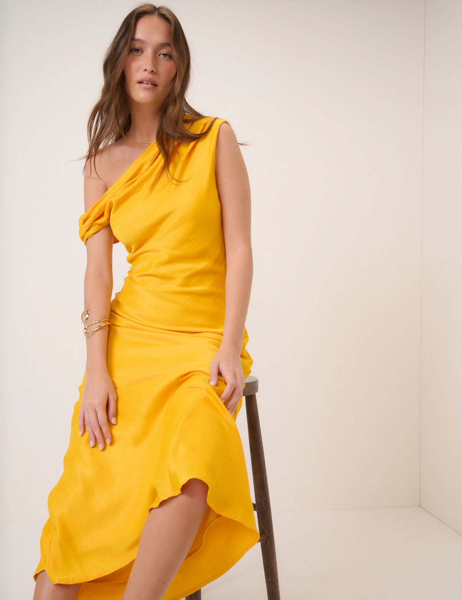 Yellow One Shoulder Minka Midi Dress - Image 6