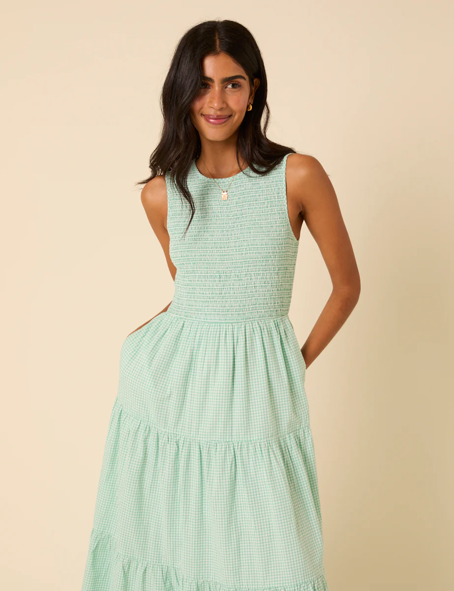 Mint Green Gingham Sleeveless Tiered Charlie Midi Dress - Image 4