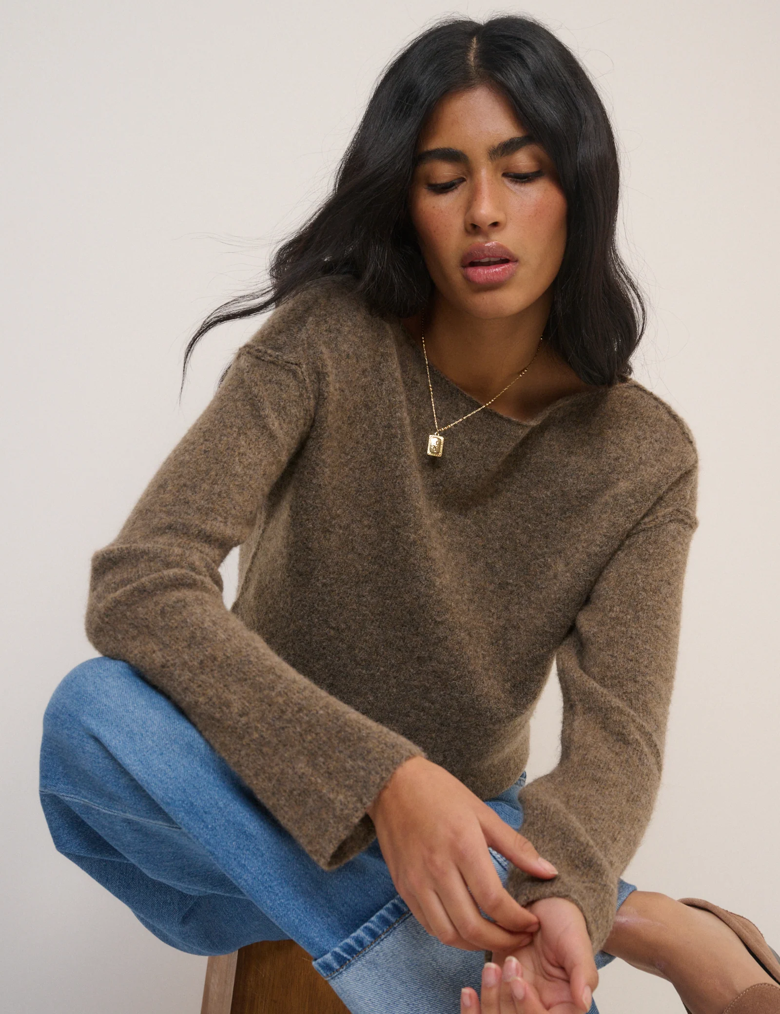 Brown Slash Neck Knitted Jumper - Image 4