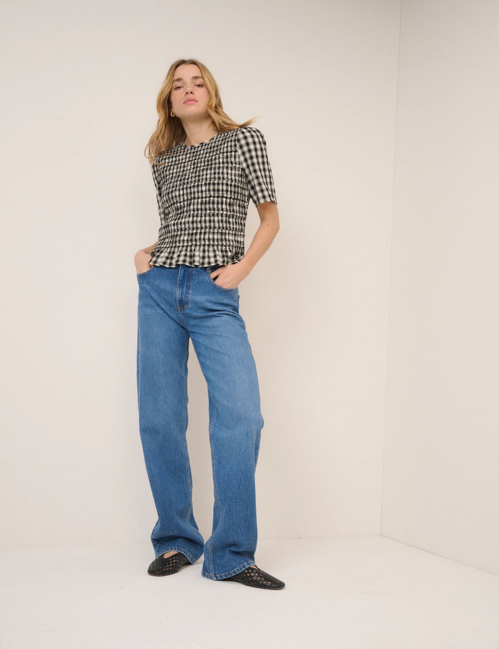 Black and White Gingham Shirred Top - Image 2