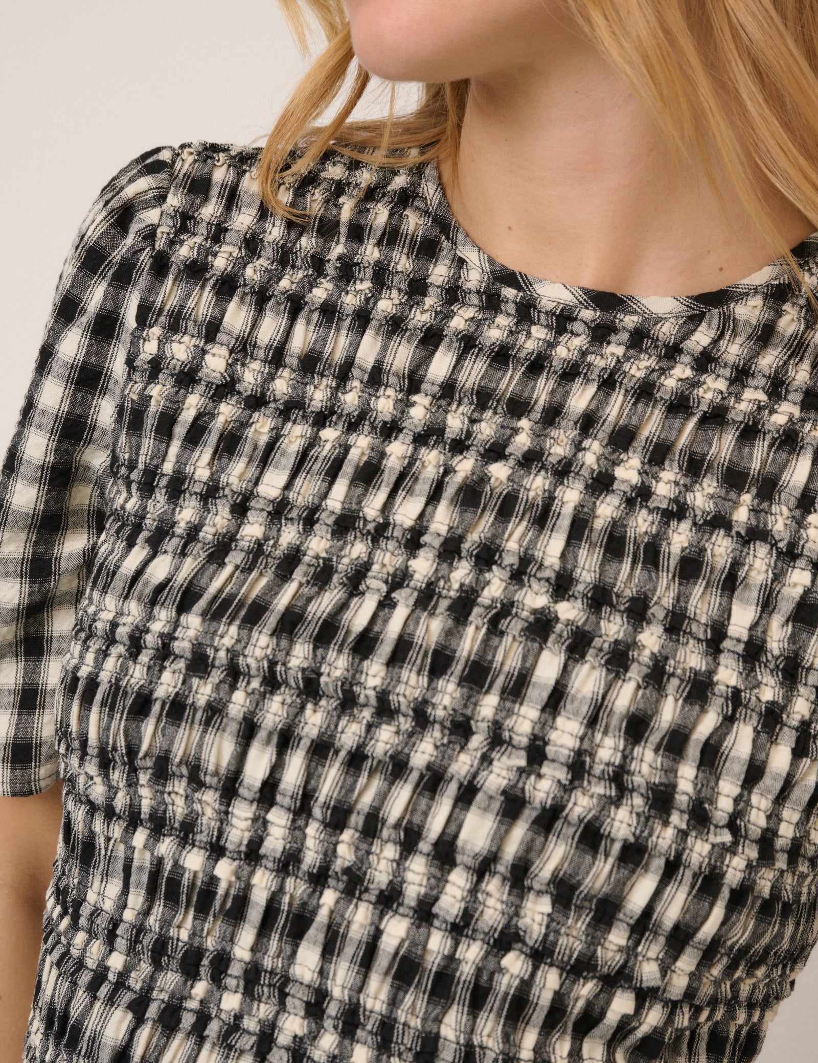 Black and White Gingham Shirred Top - Image 3