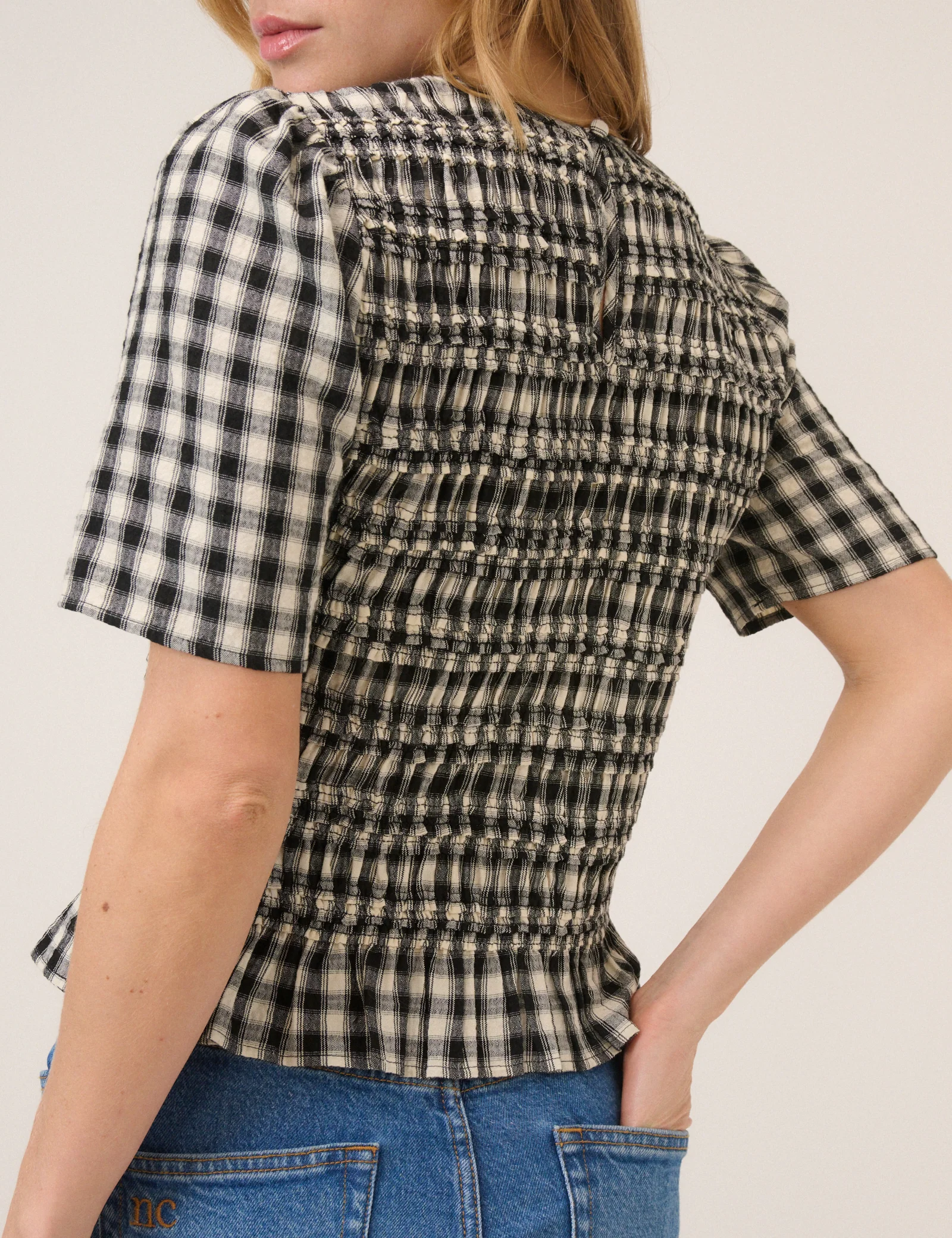 Black and White Gingham Shirred Top - Image 4