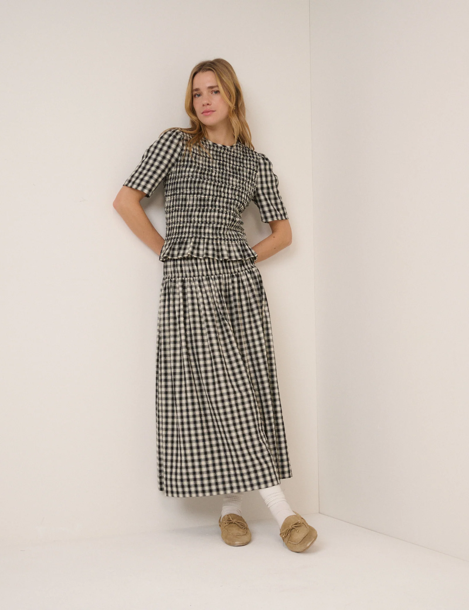 Black and White Gingham Shirred Top - Image 5