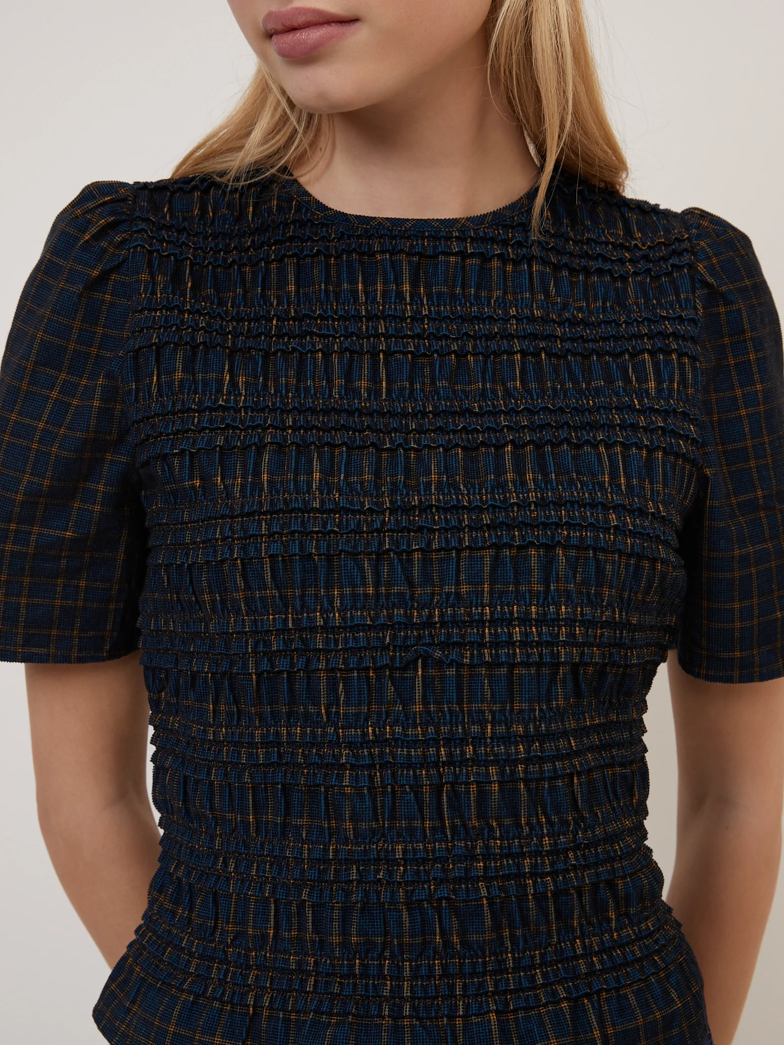 Navy Blue Check Shirred Cord Top - Image 3