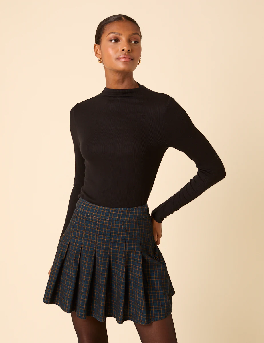 Navy Check Pleated Mini Skirt - Image 2