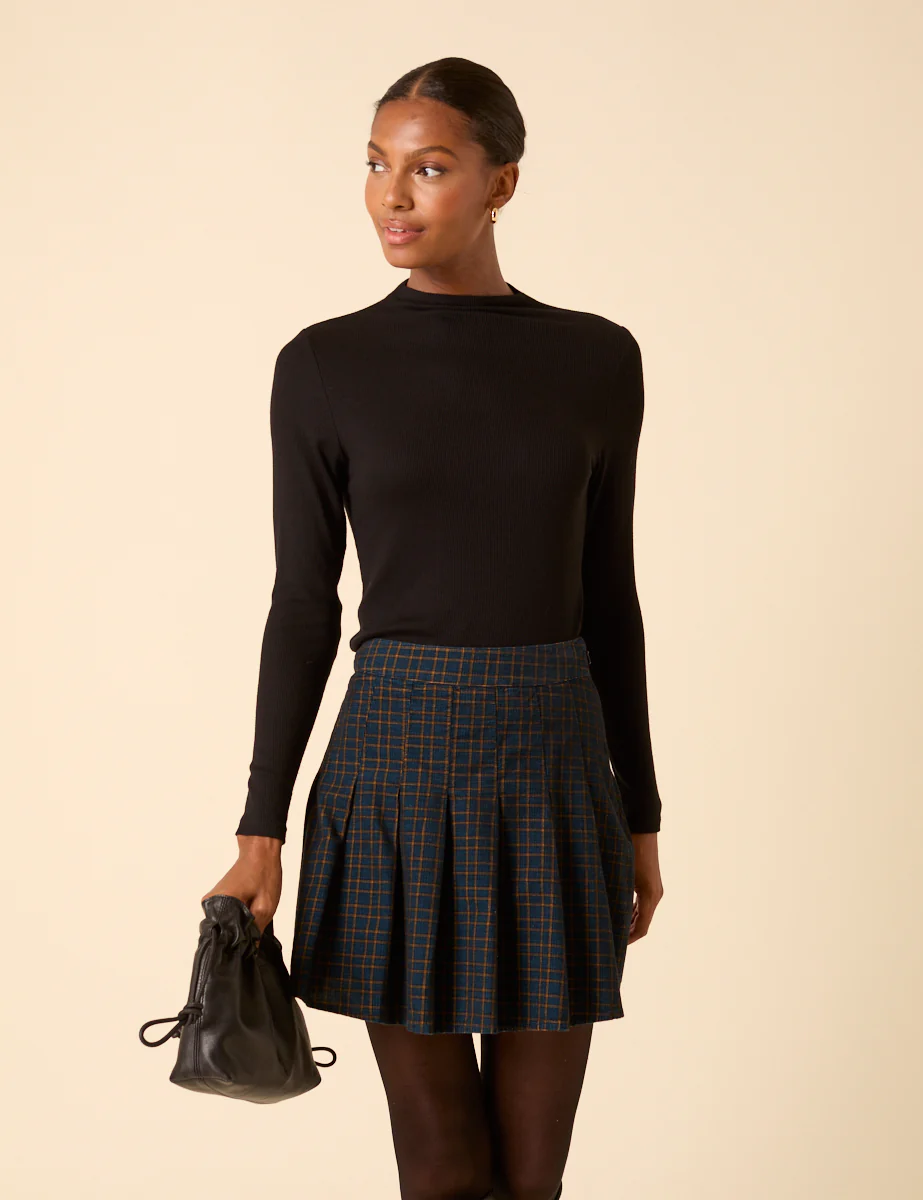 Navy Check Pleated Mini Skirt - Image 4