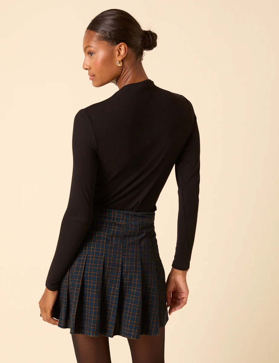 Navy Check Pleated Mini Skirt - Image 5