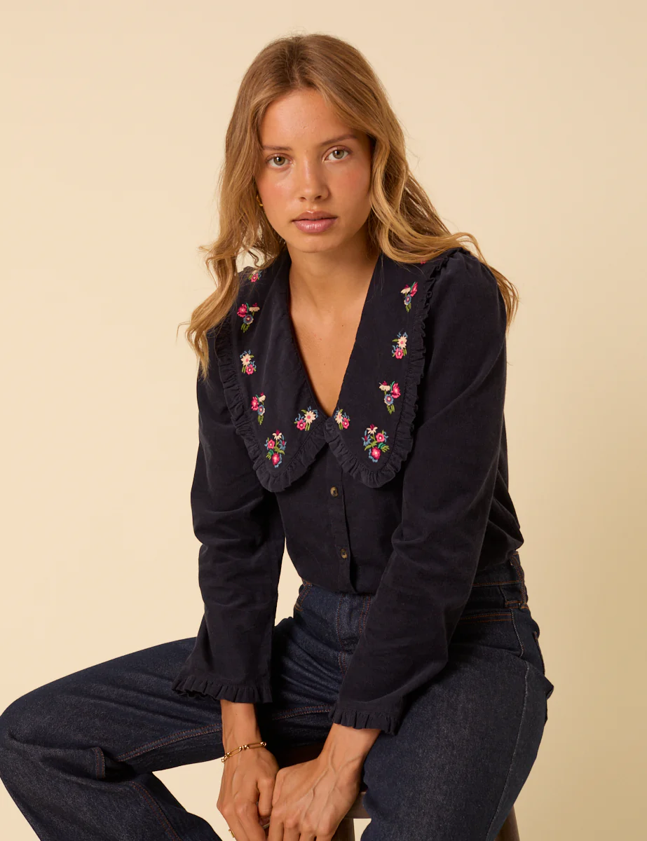 Navy Cord Floral Embroidered Blouse - Image 2