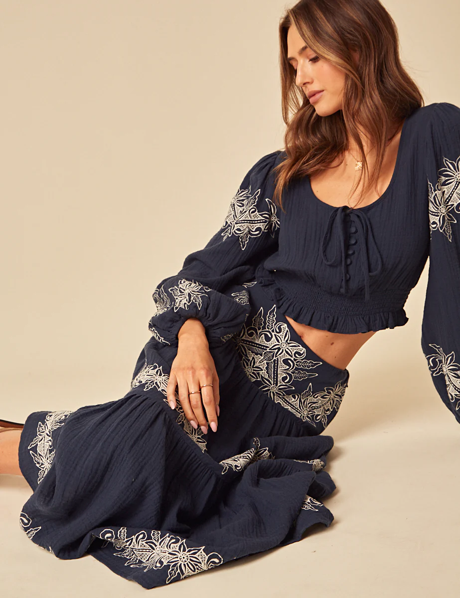 Navy Embroidered Midi Skirt - Image 2