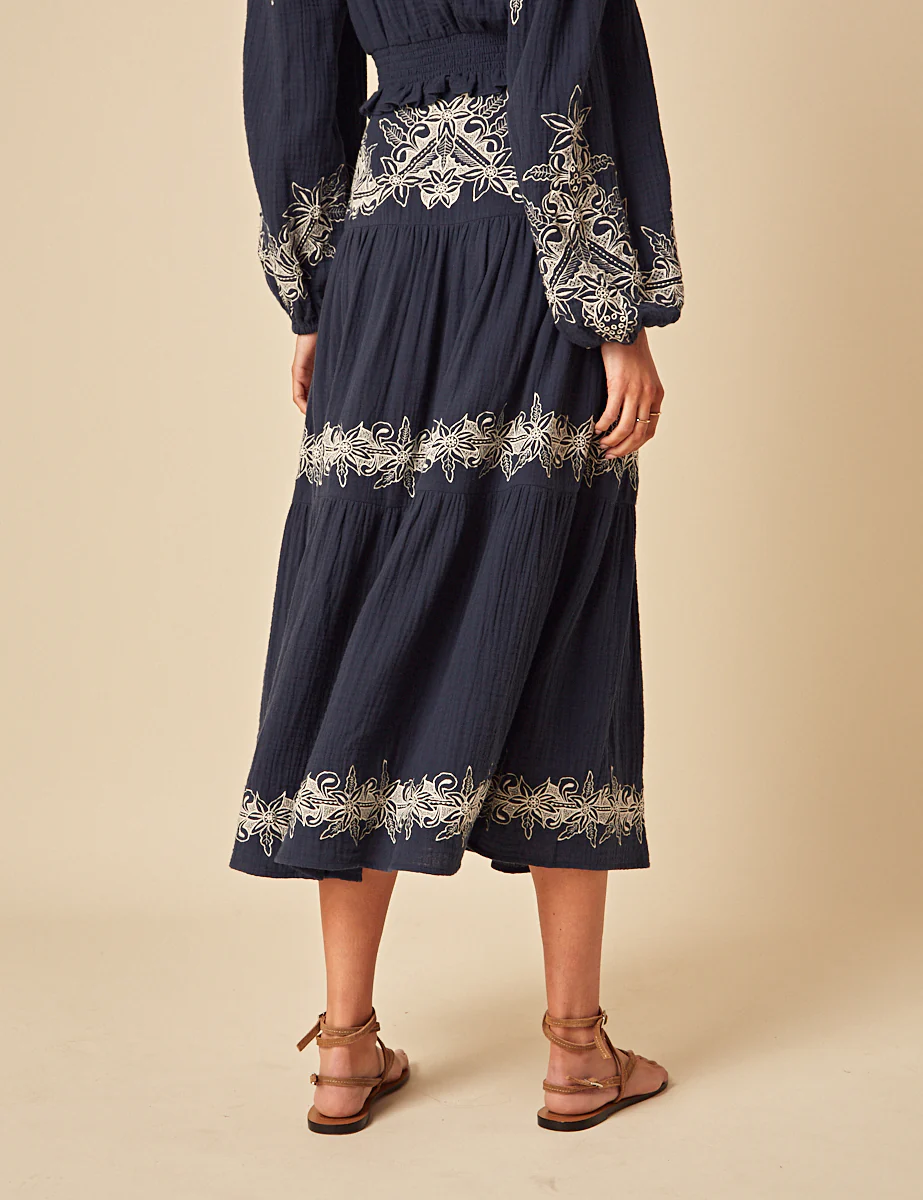 Navy Embroidered Midi Skirt - Image 4