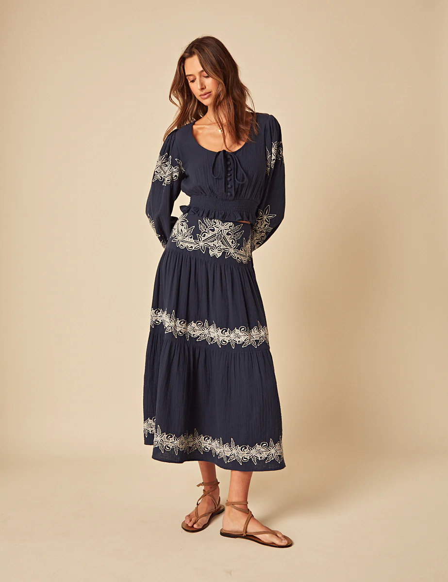 Navy Embroidered Tie Front Top - Image 2