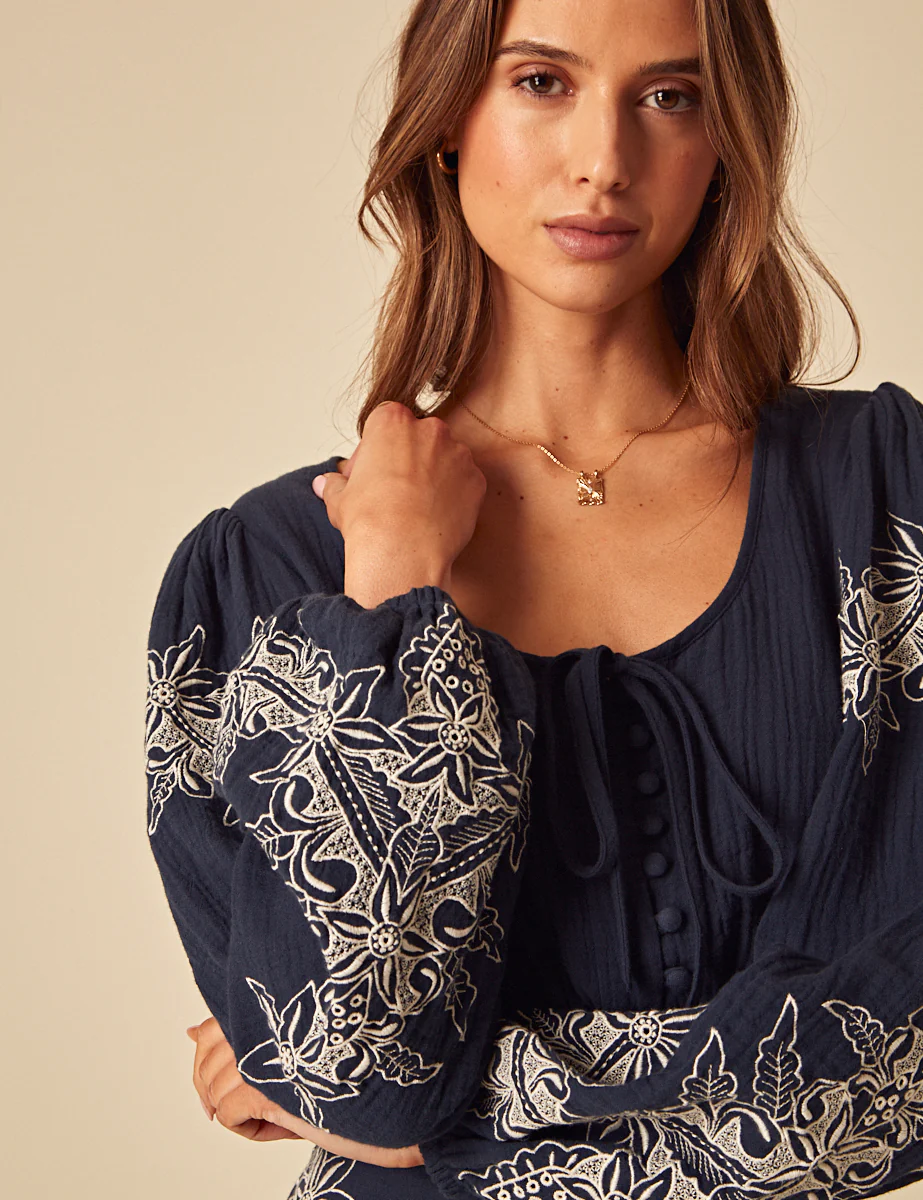 Navy Embroidered Tie Front Top - Image 3