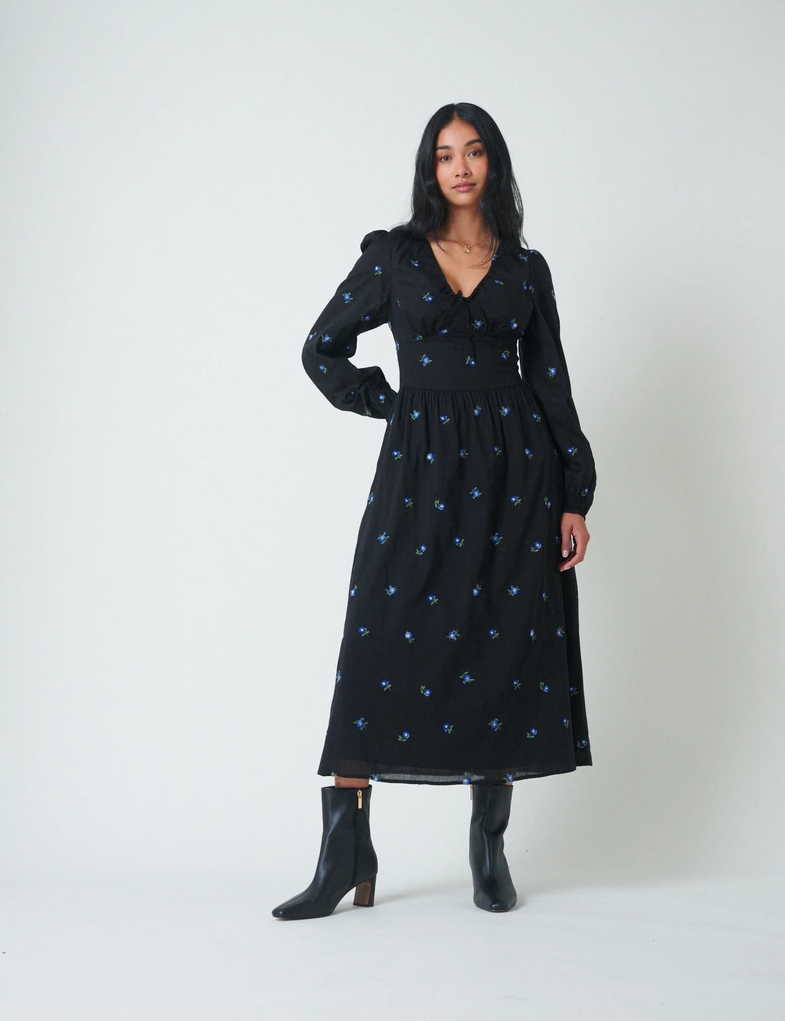 Navy Floral Embroidered Balloon Sleeve Alysia Midi Dress