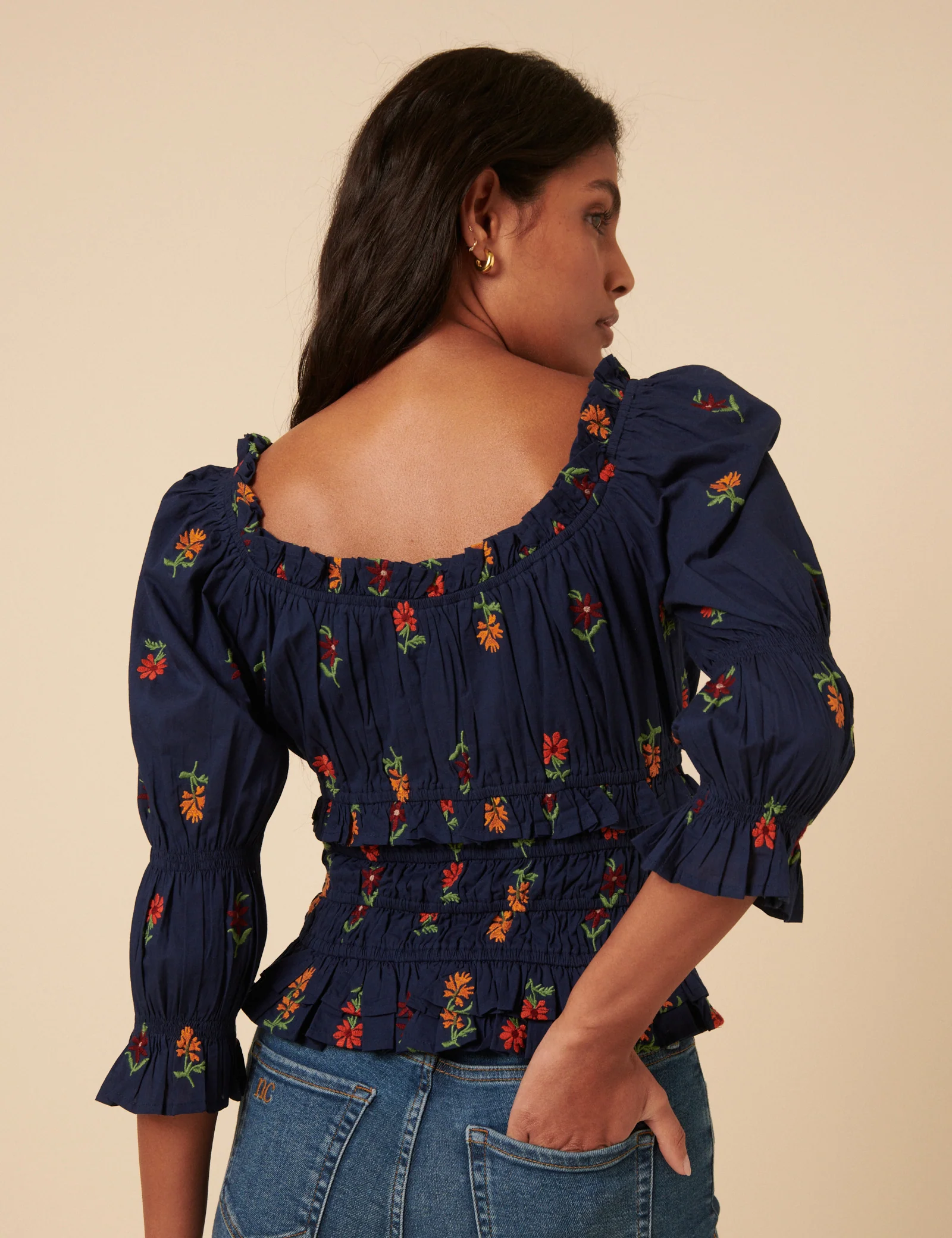 Navy Floral Embroidered Shirred Top - Image 5