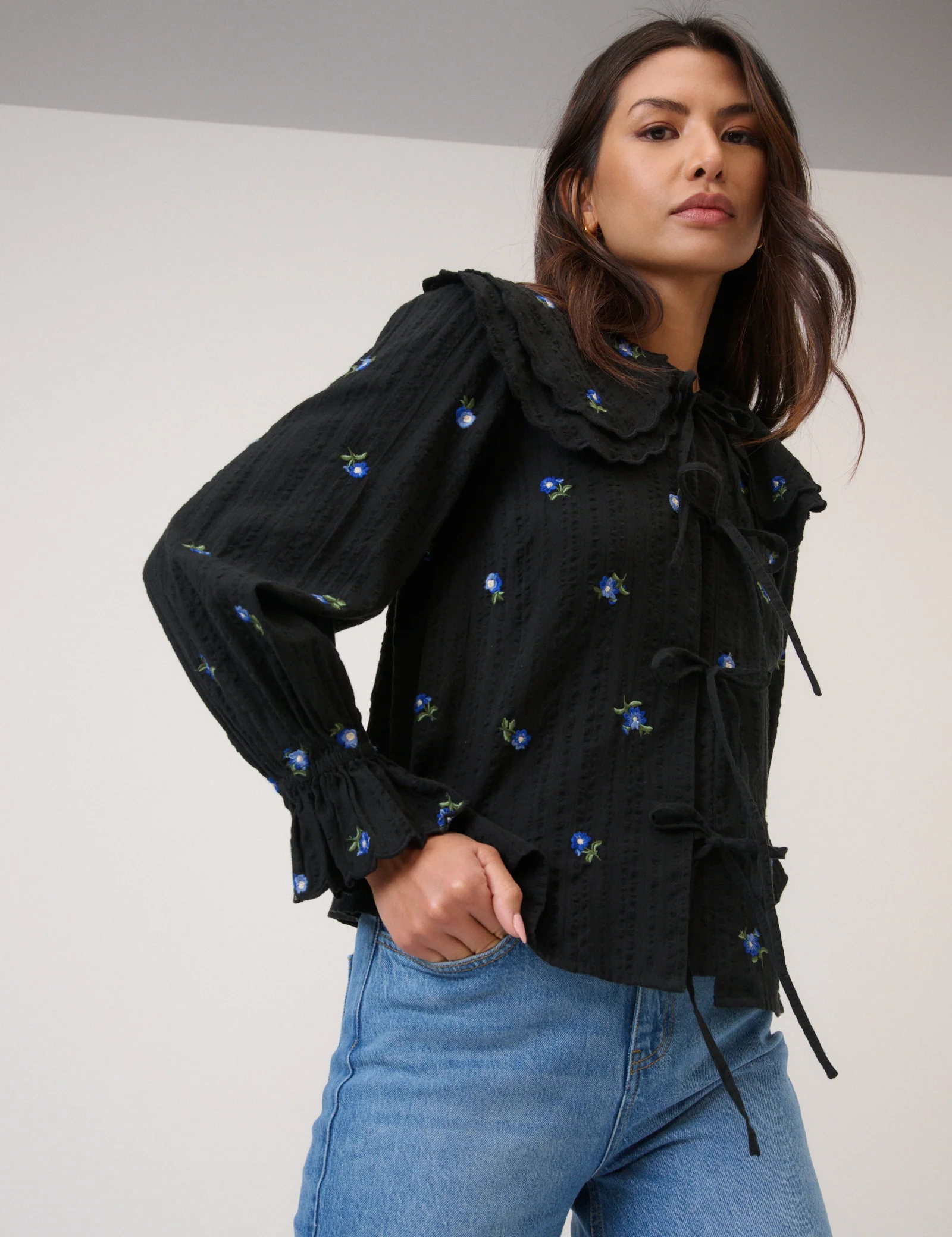 Navy Floral Embroidered Tie Front Top - Image 2