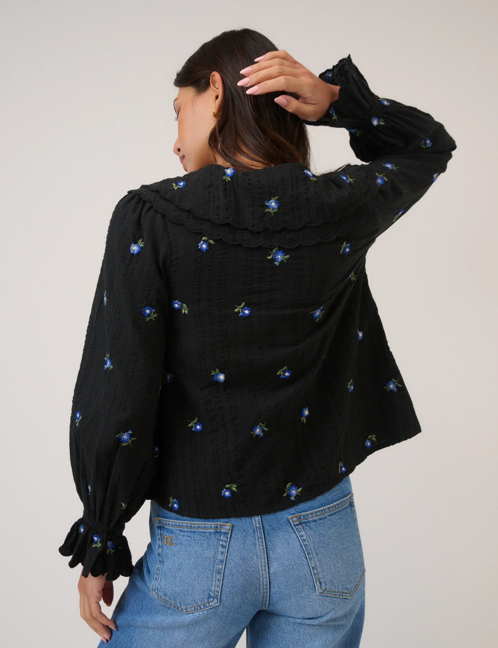 Navy Floral Embroidered Tie Front Top - Image 5