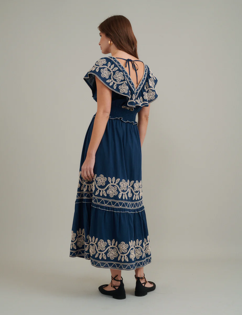 Navy Floral Embroidered Tiered Suzie Midi Dress - Image 4