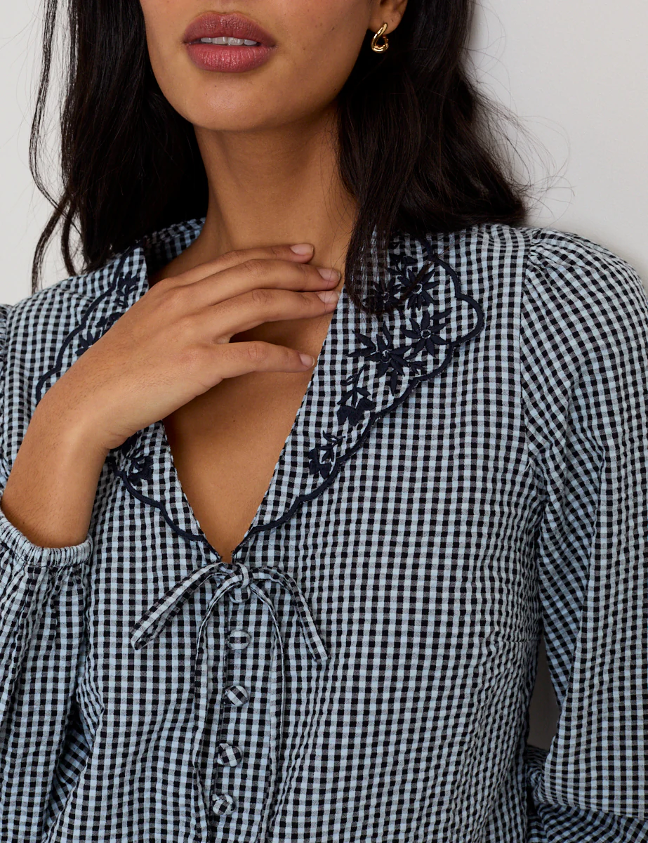 Navy Gingham Embroidered Collared Blouse - Image 4